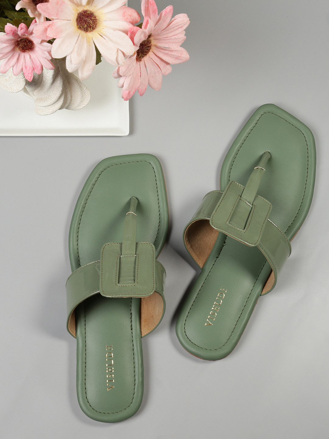 

Vishudh Women Green Embellished T-Strap Flats