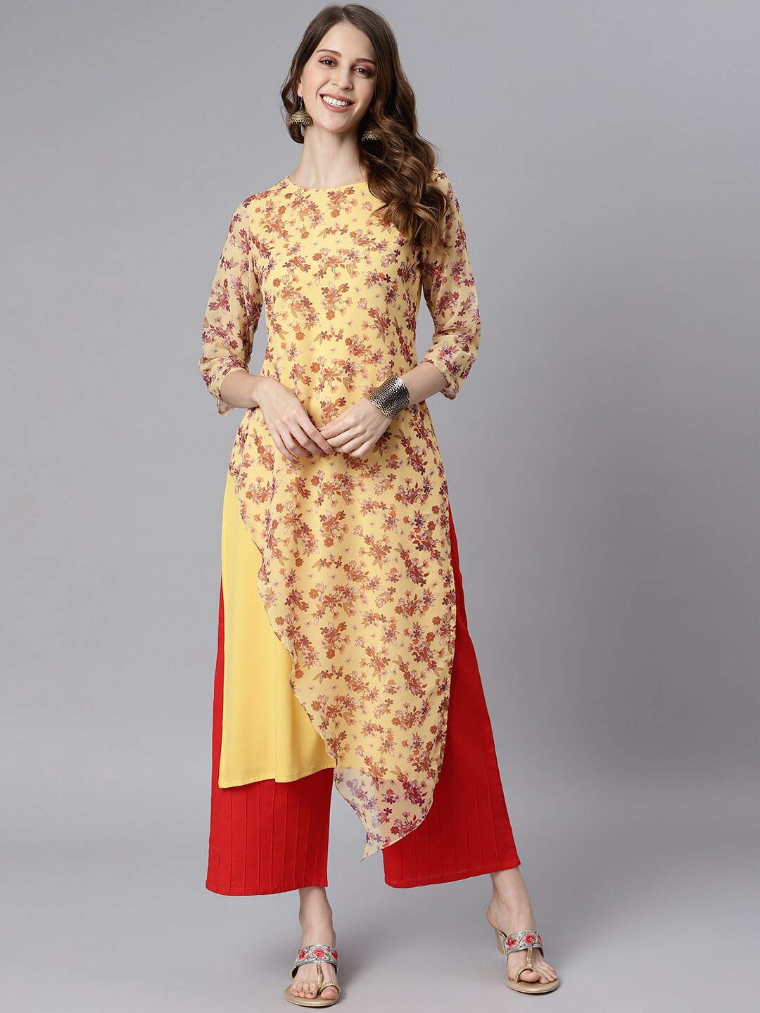 

Janasya Women Yellow & Red Floral Printed Crepe Layered Kurta