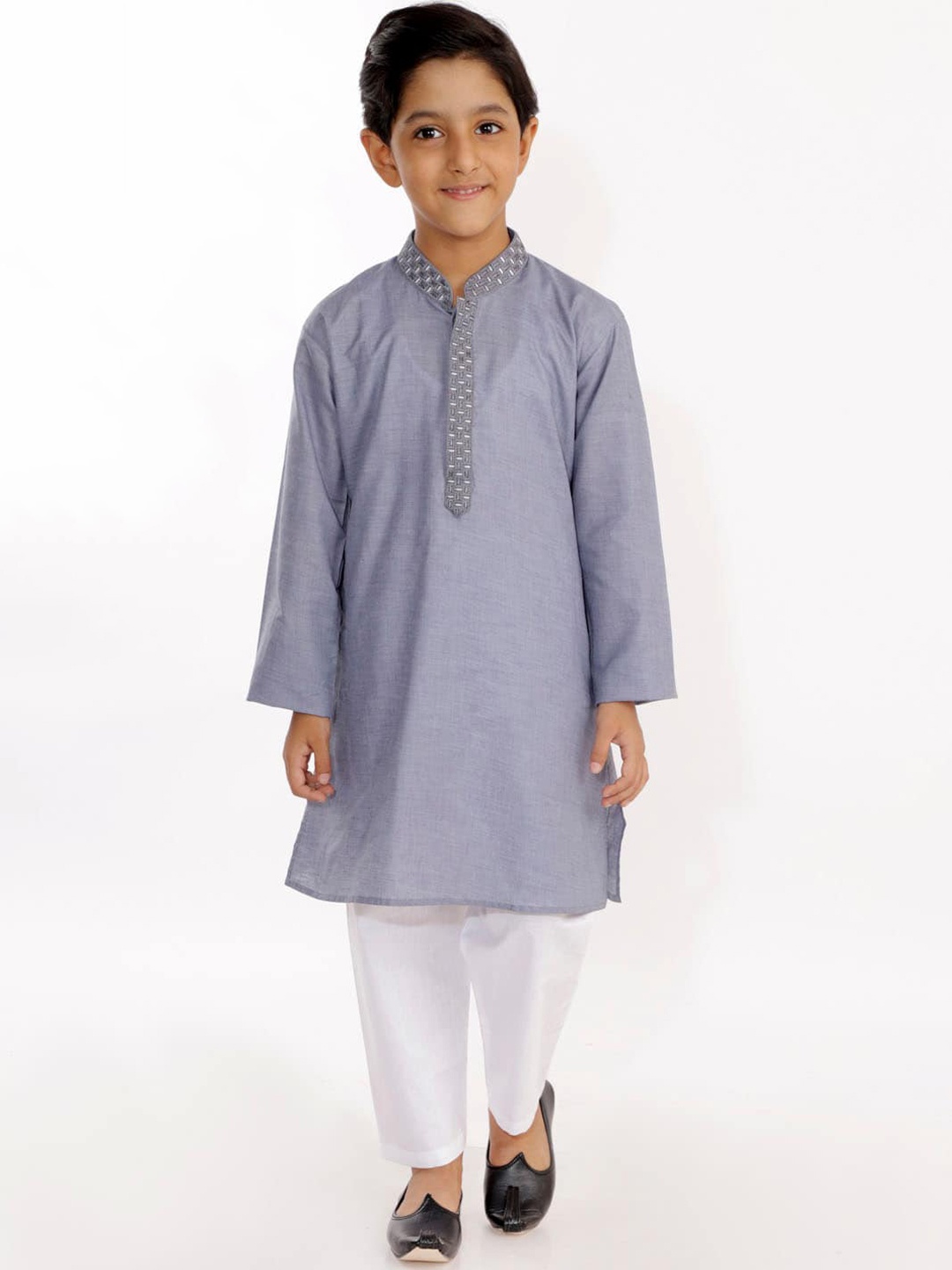 

YK Boys Grey Striped Pleated Kurti with Pyjamas