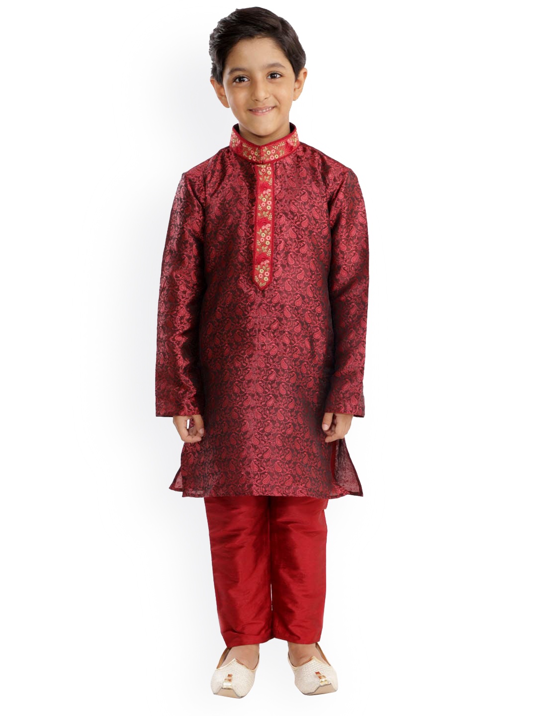 

YK Boys Maroon Paisley Embroidered Regular Kurta with Pyjamas