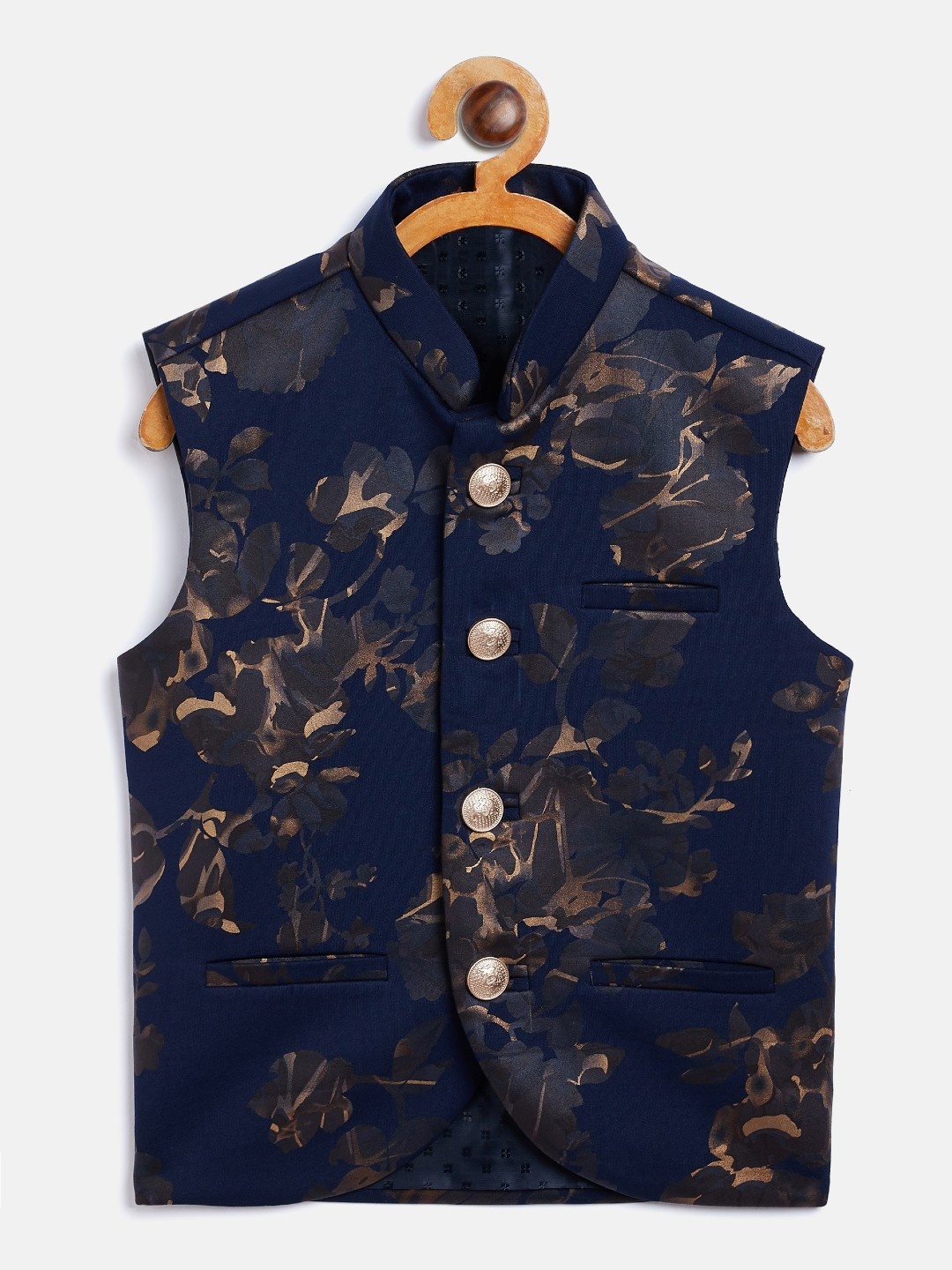 

YK Boys Navy Blue & Gold-Coloured Foil Emboss Printed Slim-Fit Woven Nehru Jacket