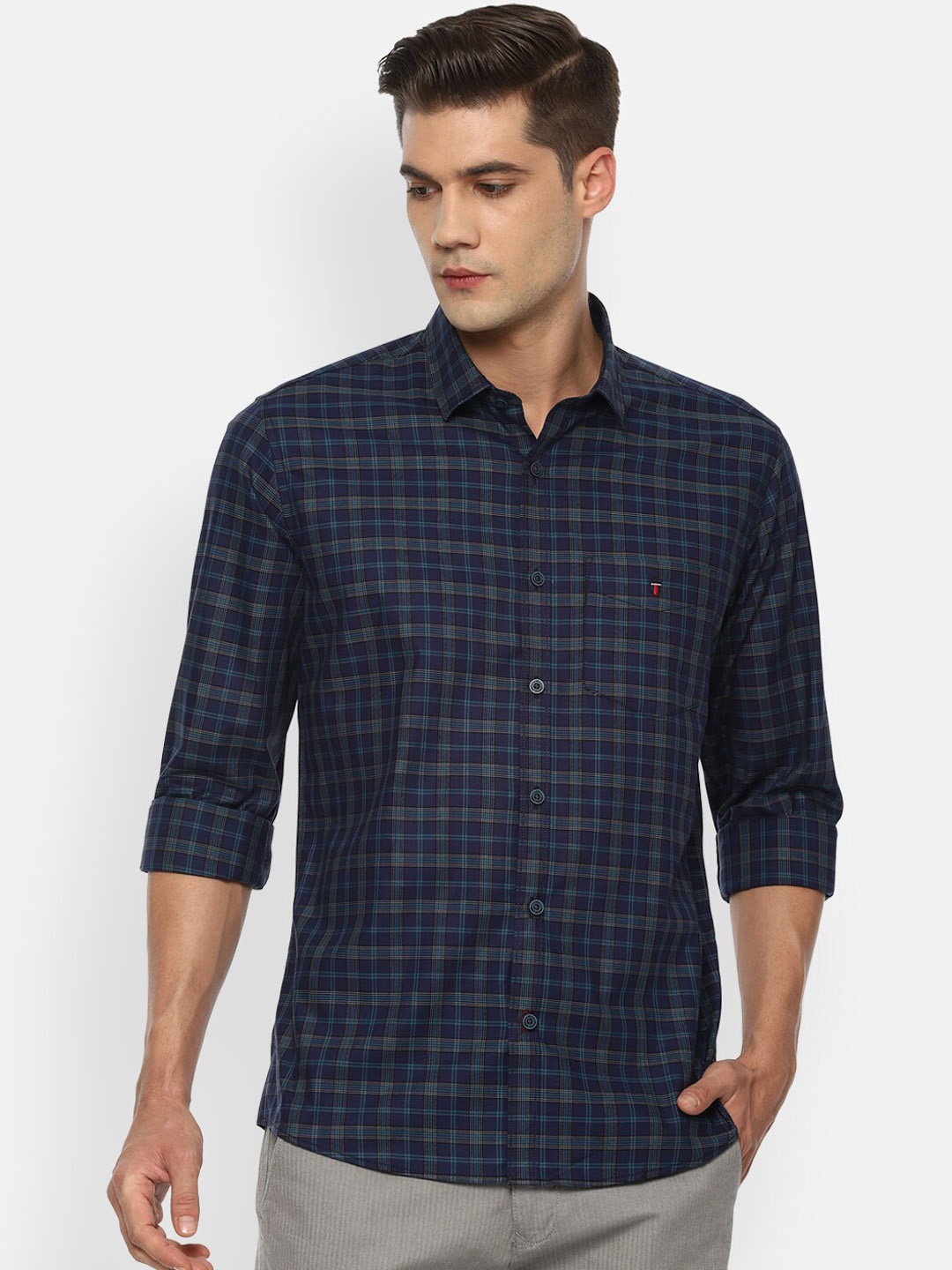 

Louis Philippe Sport Men Navy Blue Slim Fit Checked Cotton Casual Shirt