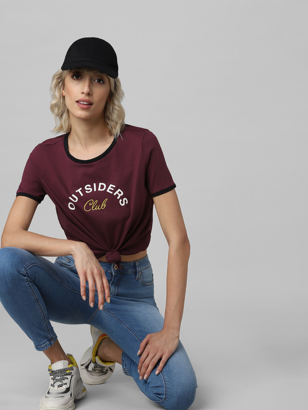 

ONLY Women Maroon & White Typography Printed T-shirt