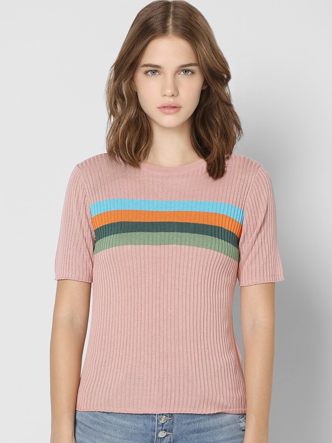 

ONLY Women Pink & Blue Striped Slim Fit T-shirt