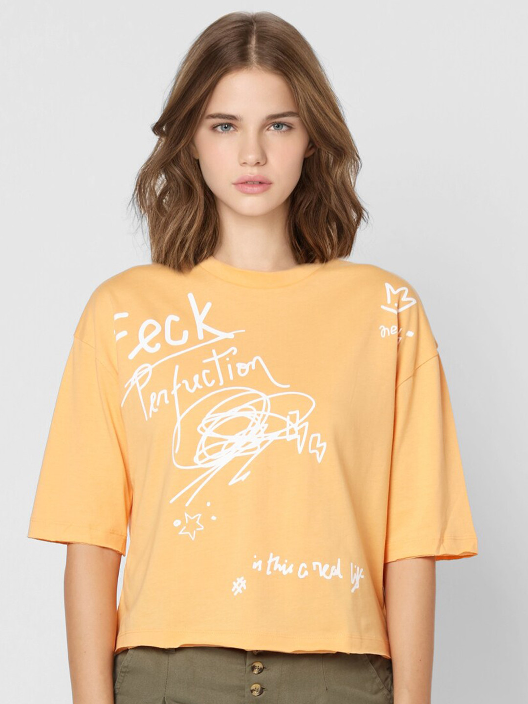 

ONLY Women Orange Typography Printed Boxy T-shirt