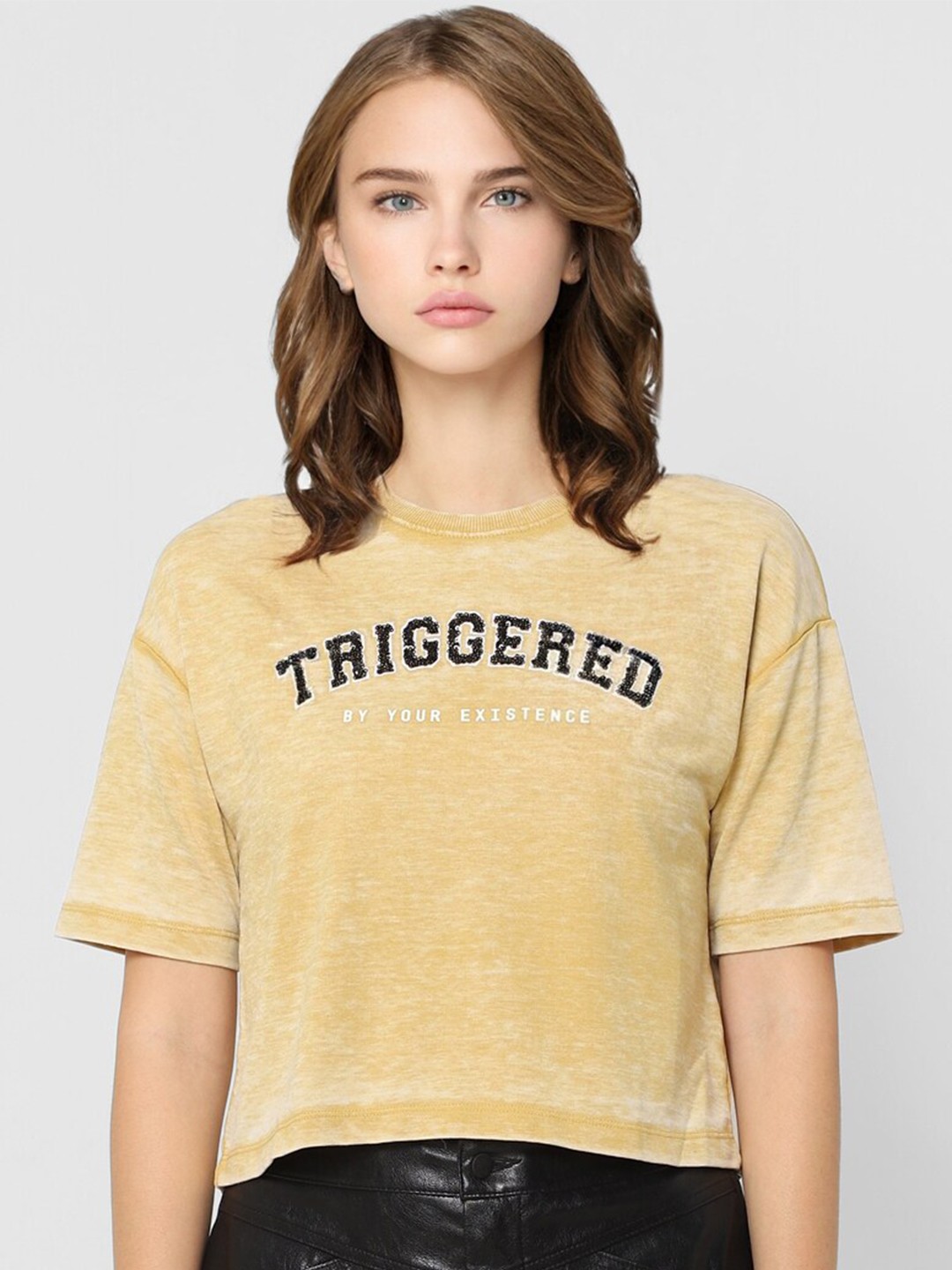 

ONLY Women Yellow Embroidered Boxy T-shirt