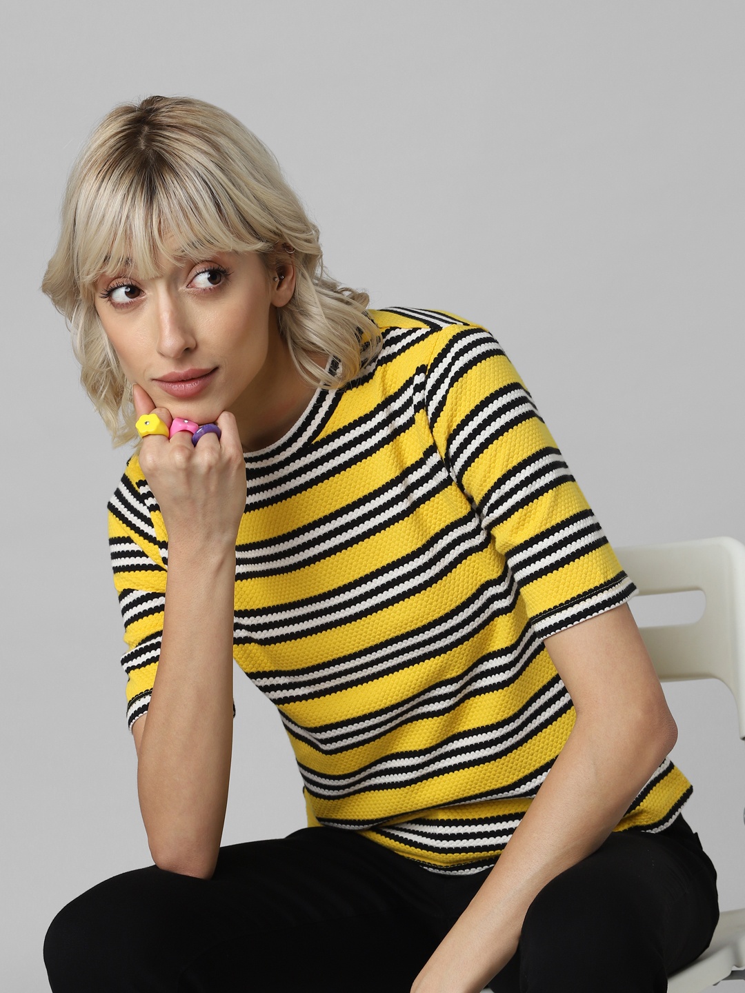 

ONLY Women Yellow Striped T-shirt