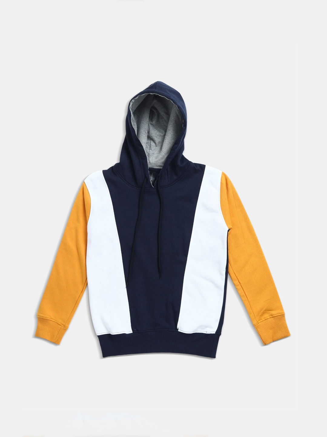 

Maniac Boys Navy Blue and White Colourblocked Hooded Sweatshirt