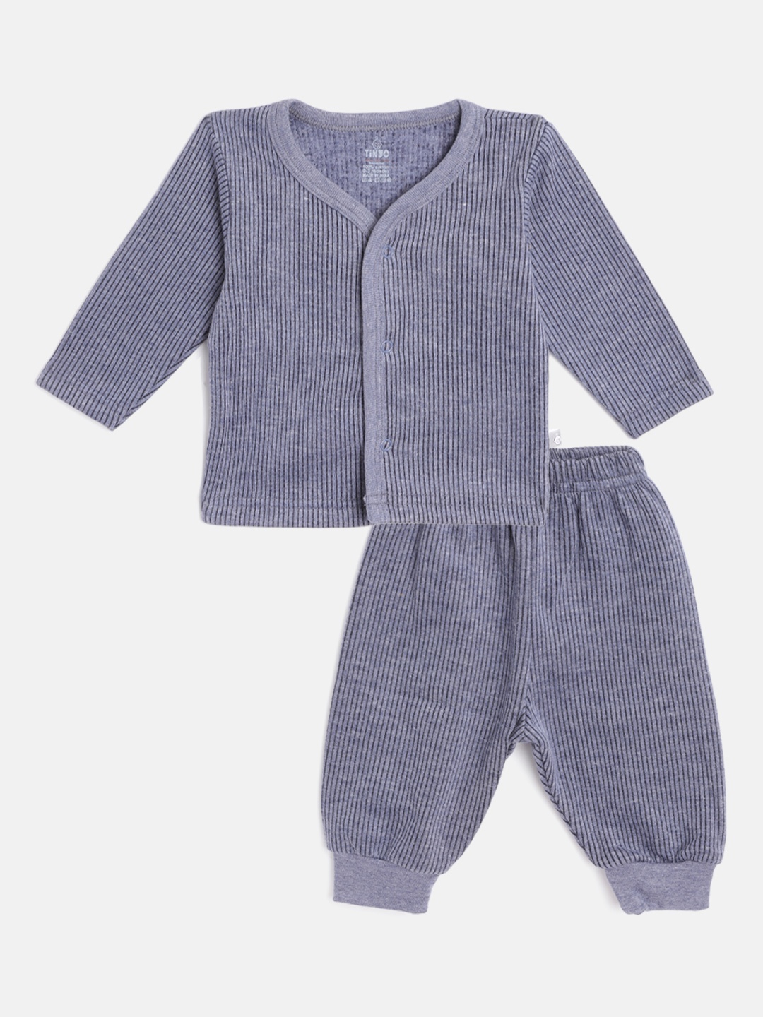 

TINYO Infant Kids Navy Pure Cotton Self-Striped Thermal Set, Blue