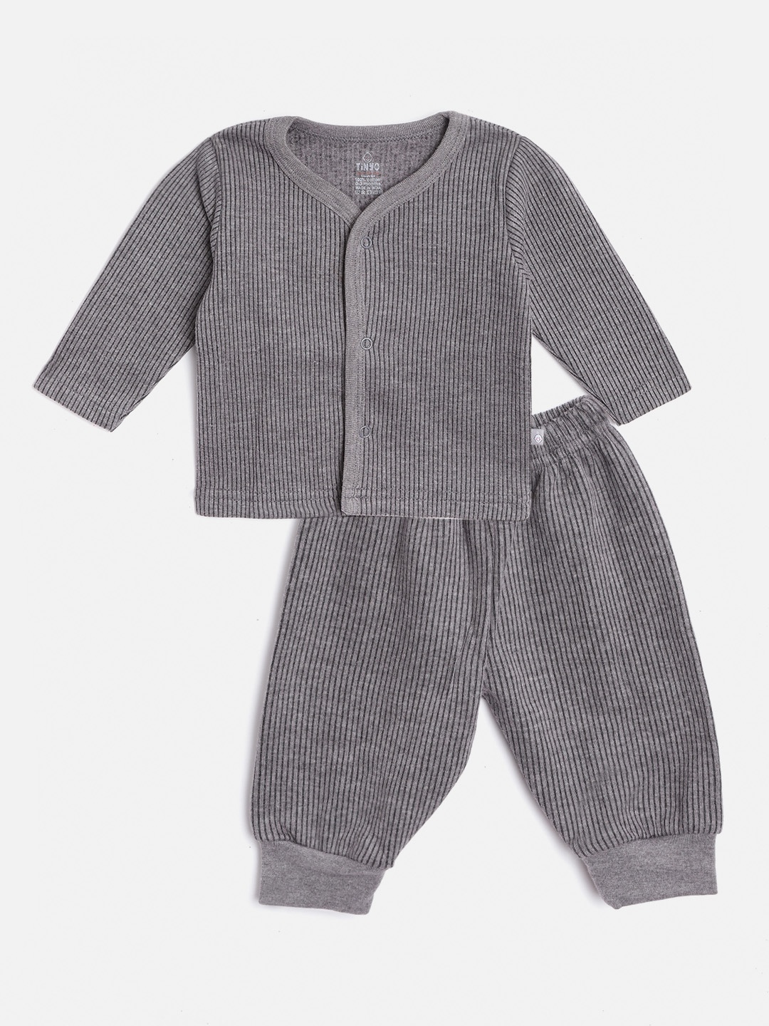 

TINYO Infant Kids Charcoal Grey Pure Cotton Self-Striped Thermal Set