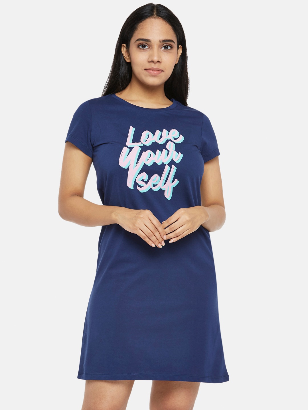 

Dreamz by Pantaloons Navy Blue Printed T-Shirt Nightdress