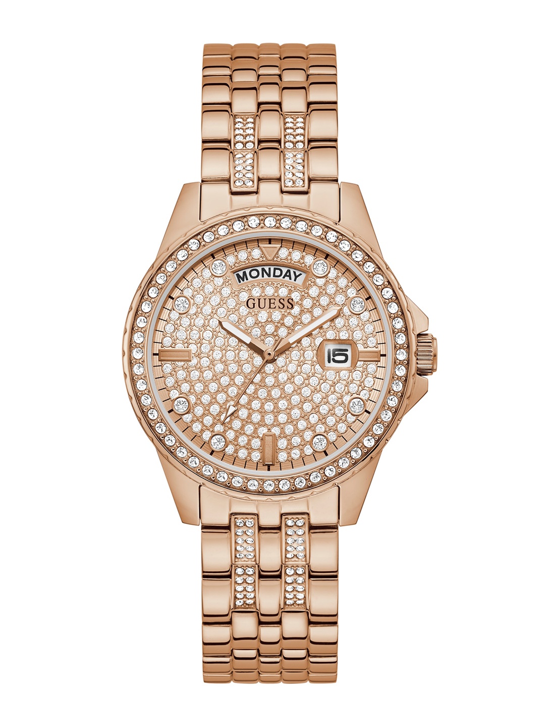 

GUESS Women Rose Gold-Toned Embellished Stainless Steel Analogue Watch GW0254L3