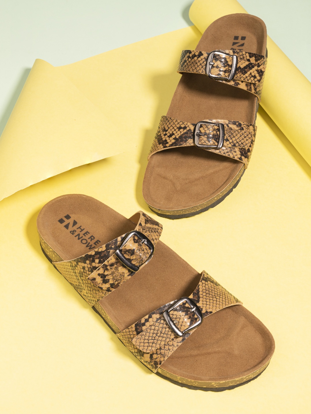 

HERE&NOW Women Tan Self Design Open Toe Flats With Buckles