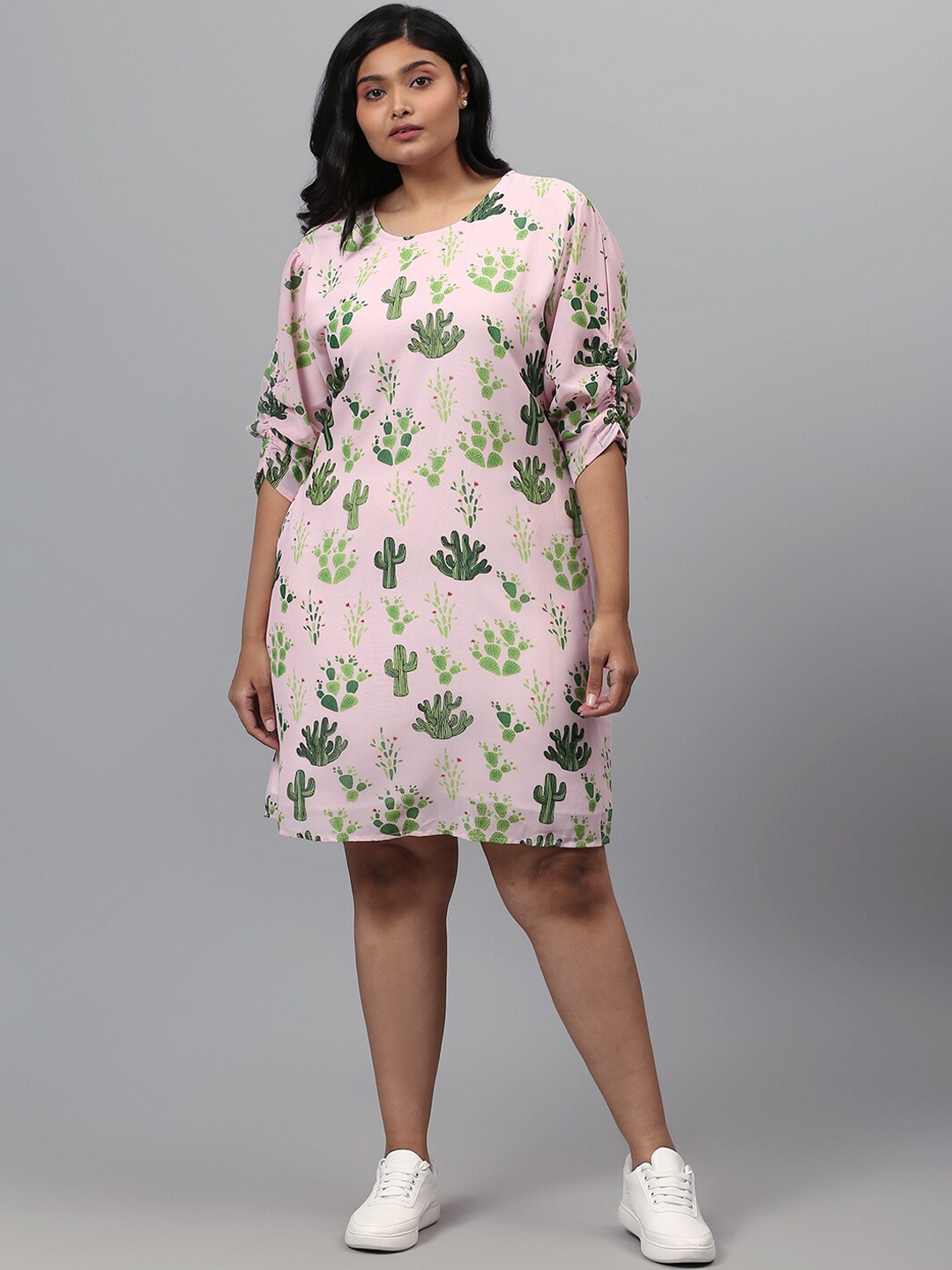 

Instafab Plus Pink & Green Tropical Printed A-Line Plus Size Midi Dress