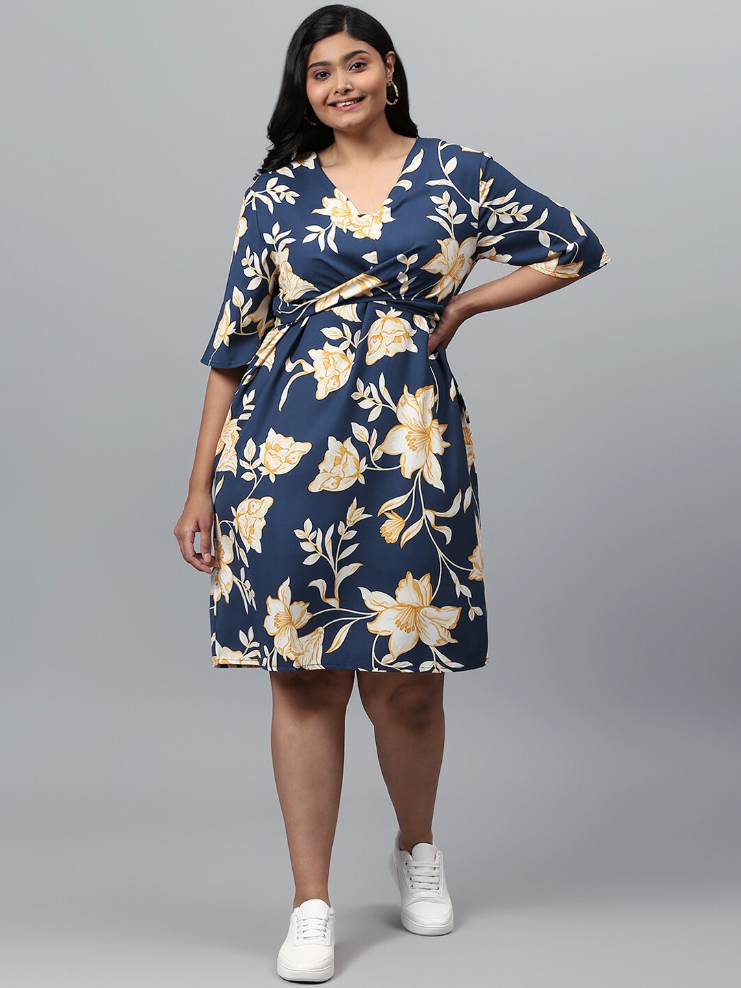 

Instafab Plus Women Navy Blue & Yellow Floral A-Line Midi Dress