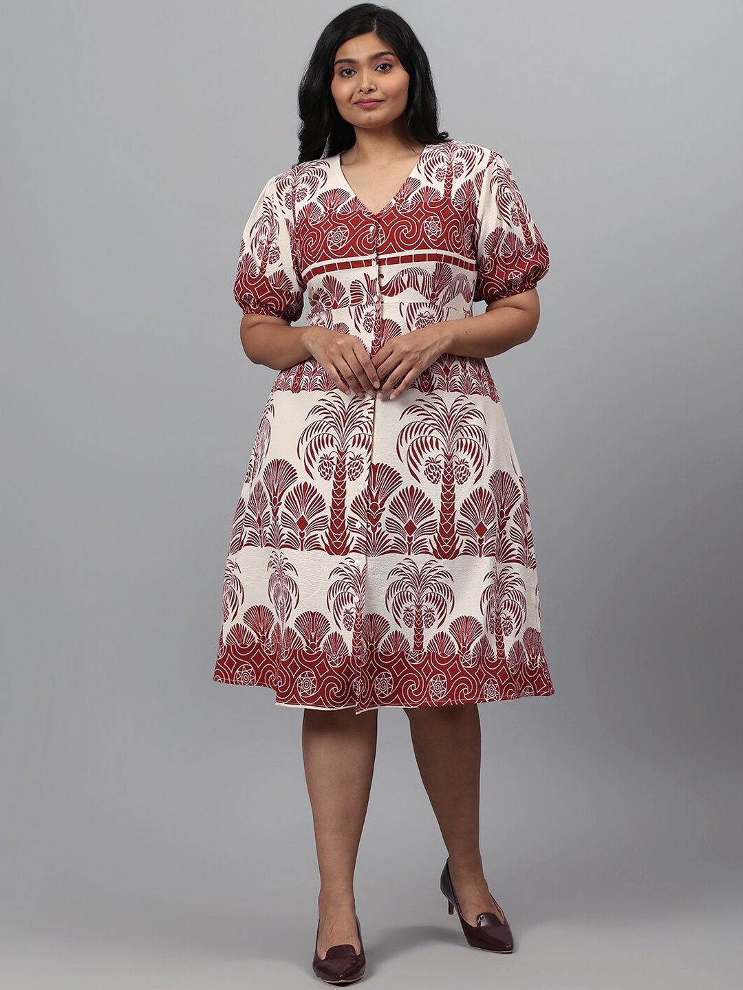 

Instafab Plus Women Maroon & Cream-Coloured Ethnic Motifs A-Line Midi Dress