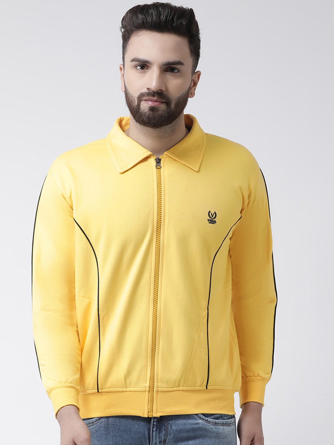 

VIMAL JONNEY Men Yellow Solid Front-Open Sweatshirt