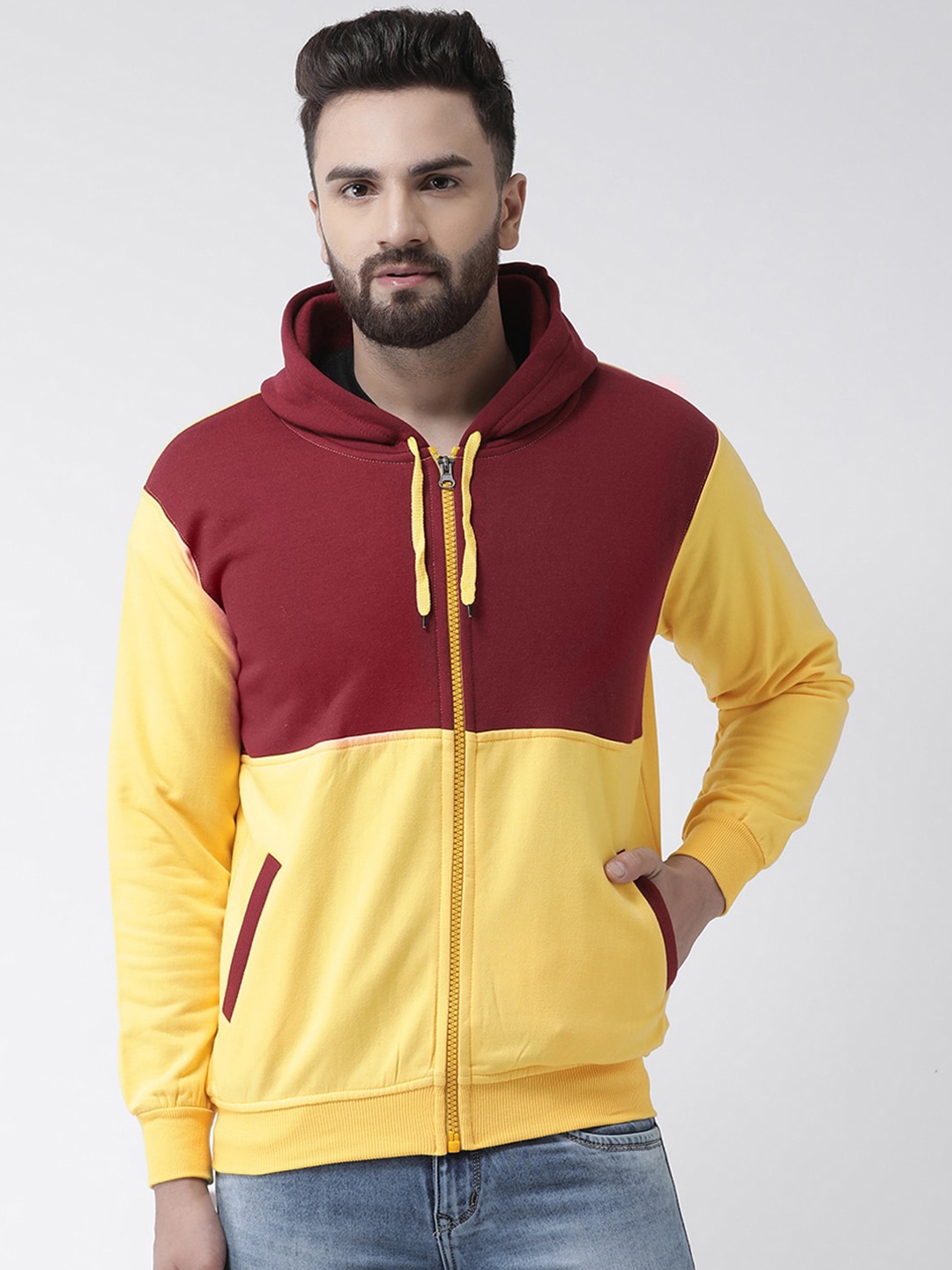 

VIMAL JONNEY Men Yellow Colourblocked Hooded Sweatshirt