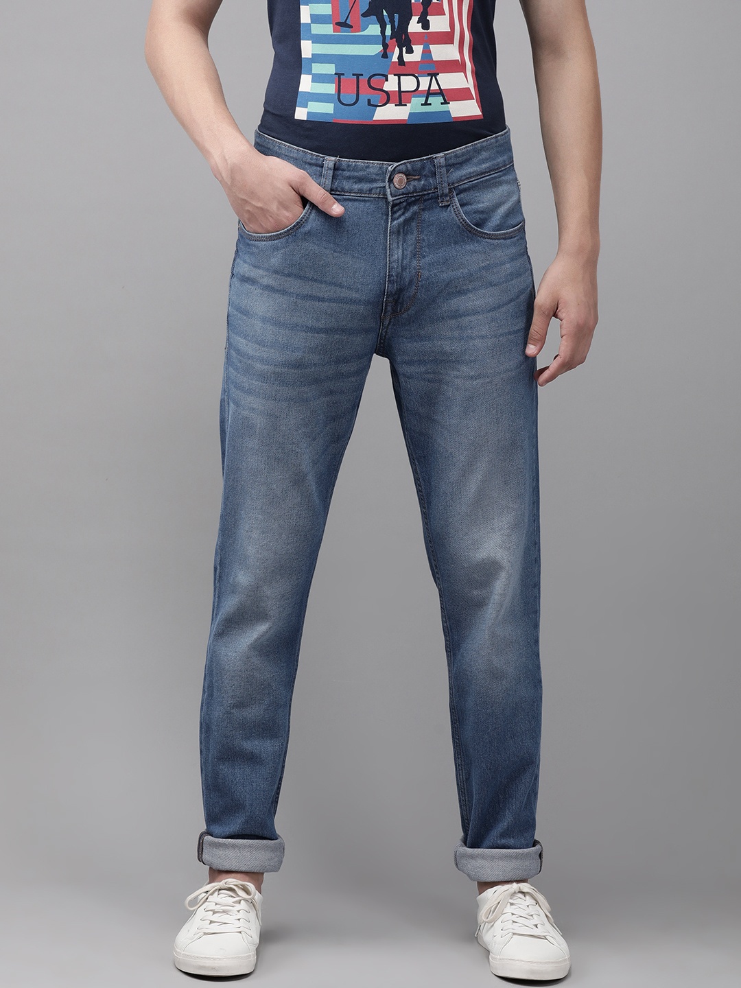 

U S Polo Assn Denim Co Men Blue Slim Fit Mid-Rise Heavy Fade Stretchable Jeans
