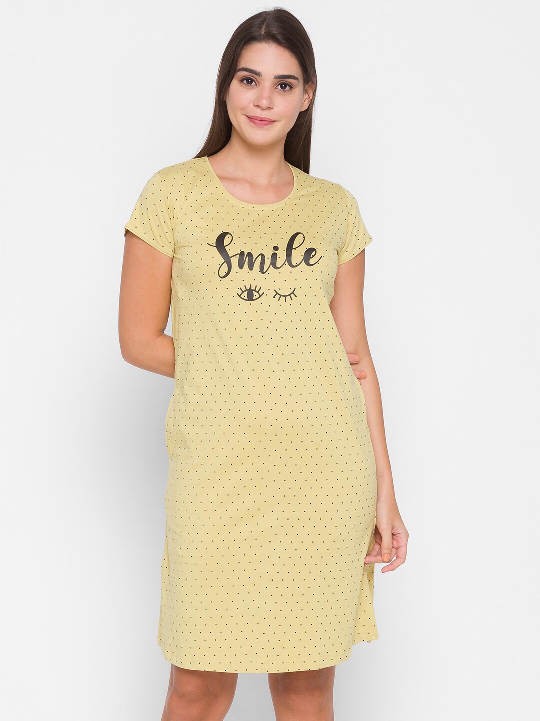 

AV2 Yellow & Black Printed Pure Cotton T-Shirt Nightdress