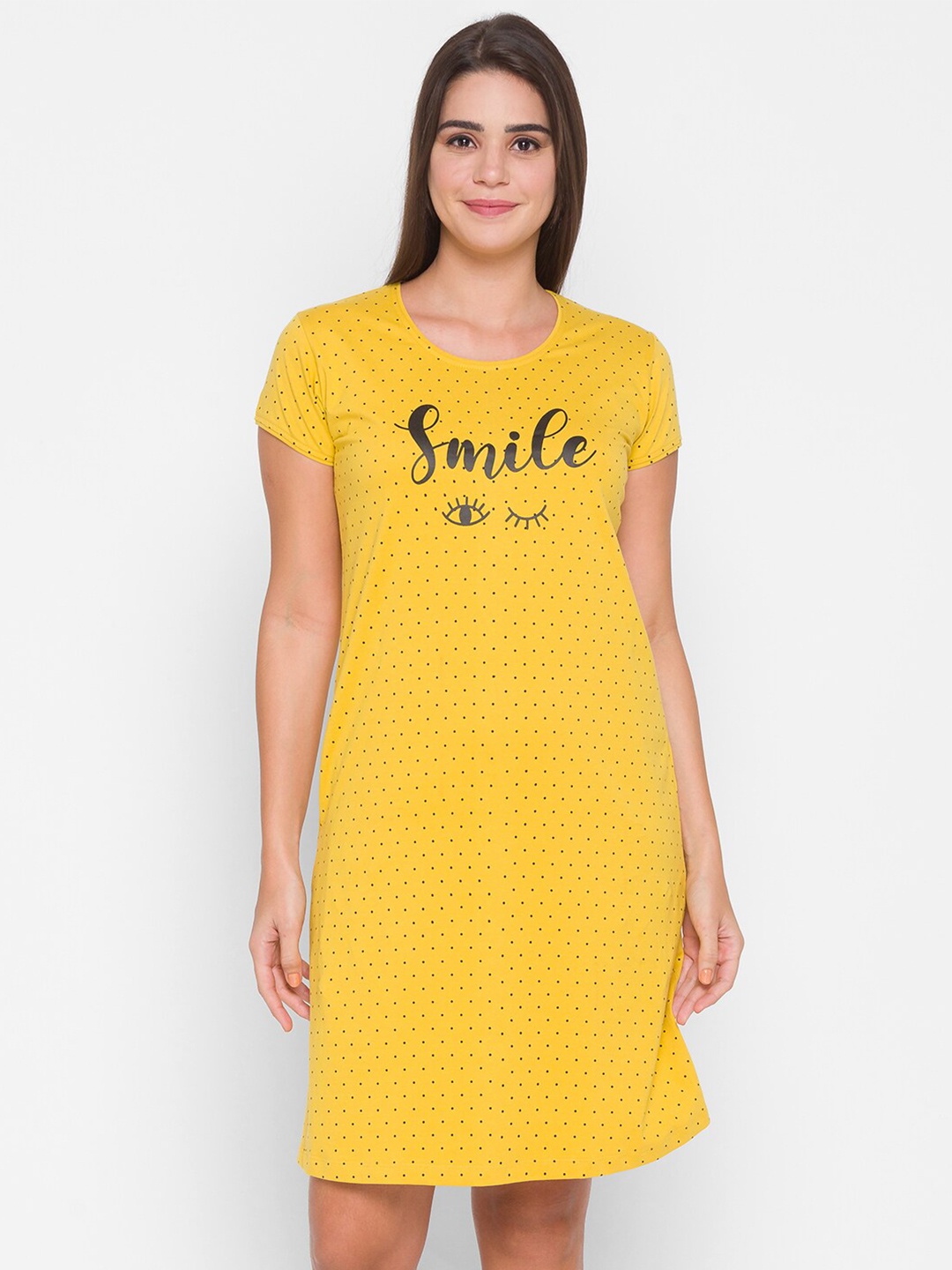 

AV2 Women Mustard & Black Polka Dots Printed Pure Cotton T-Shirt Night Dress