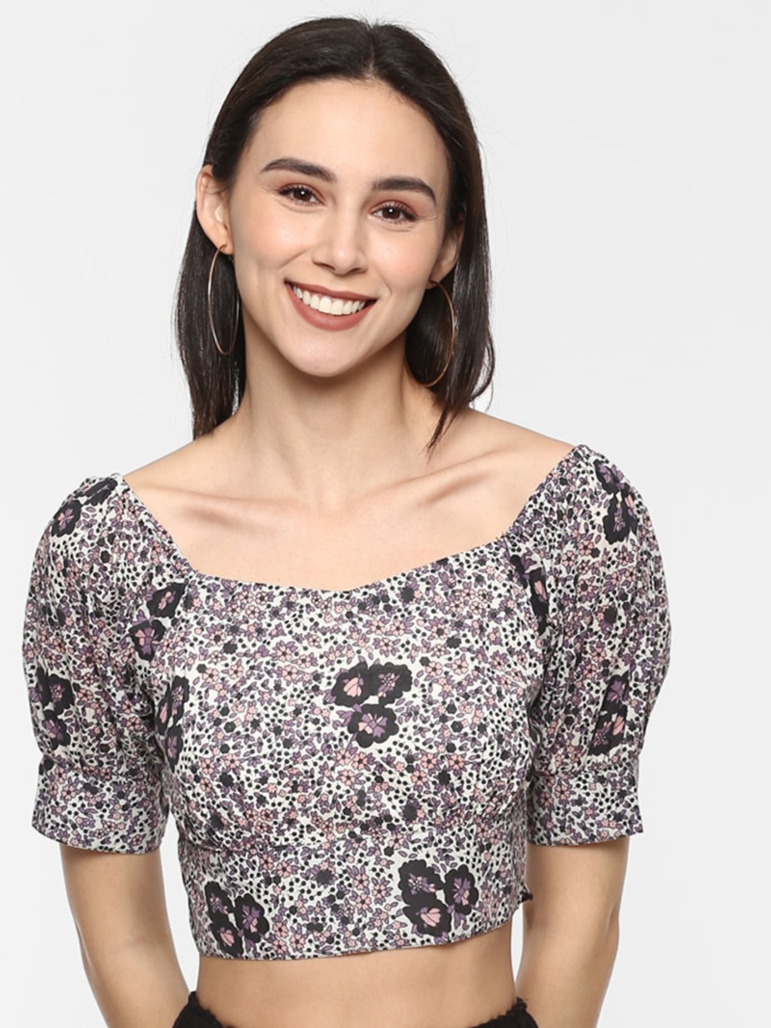 Porsorte Women Off White & Pink Floral Printed Cotton Crop Top