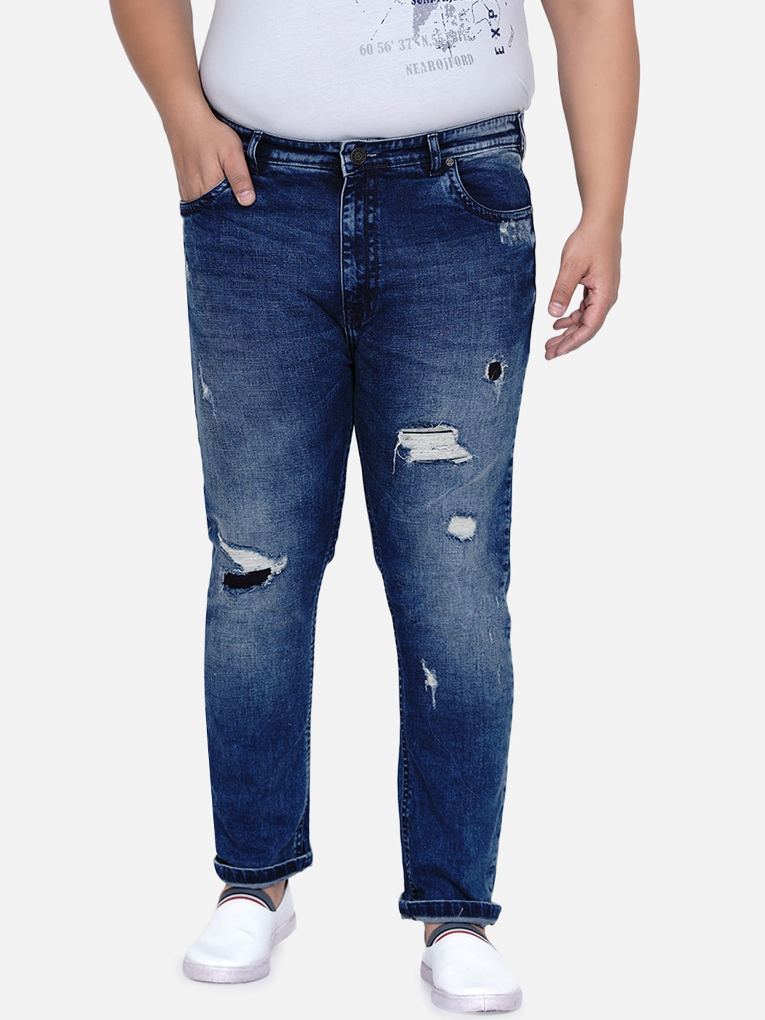 

John Pride Men Blue Mildly Distressed Heavy Fade Stretchable Plus Size Jeans