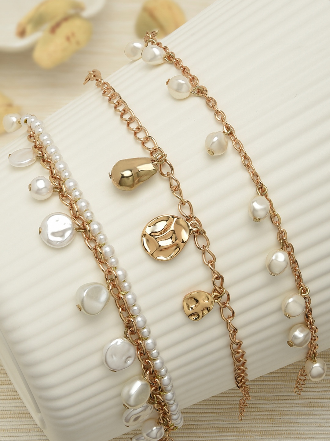 

AMI Women Set of 3 Gold-Toned & White Pearls Gold-Plated Charm Bracelet