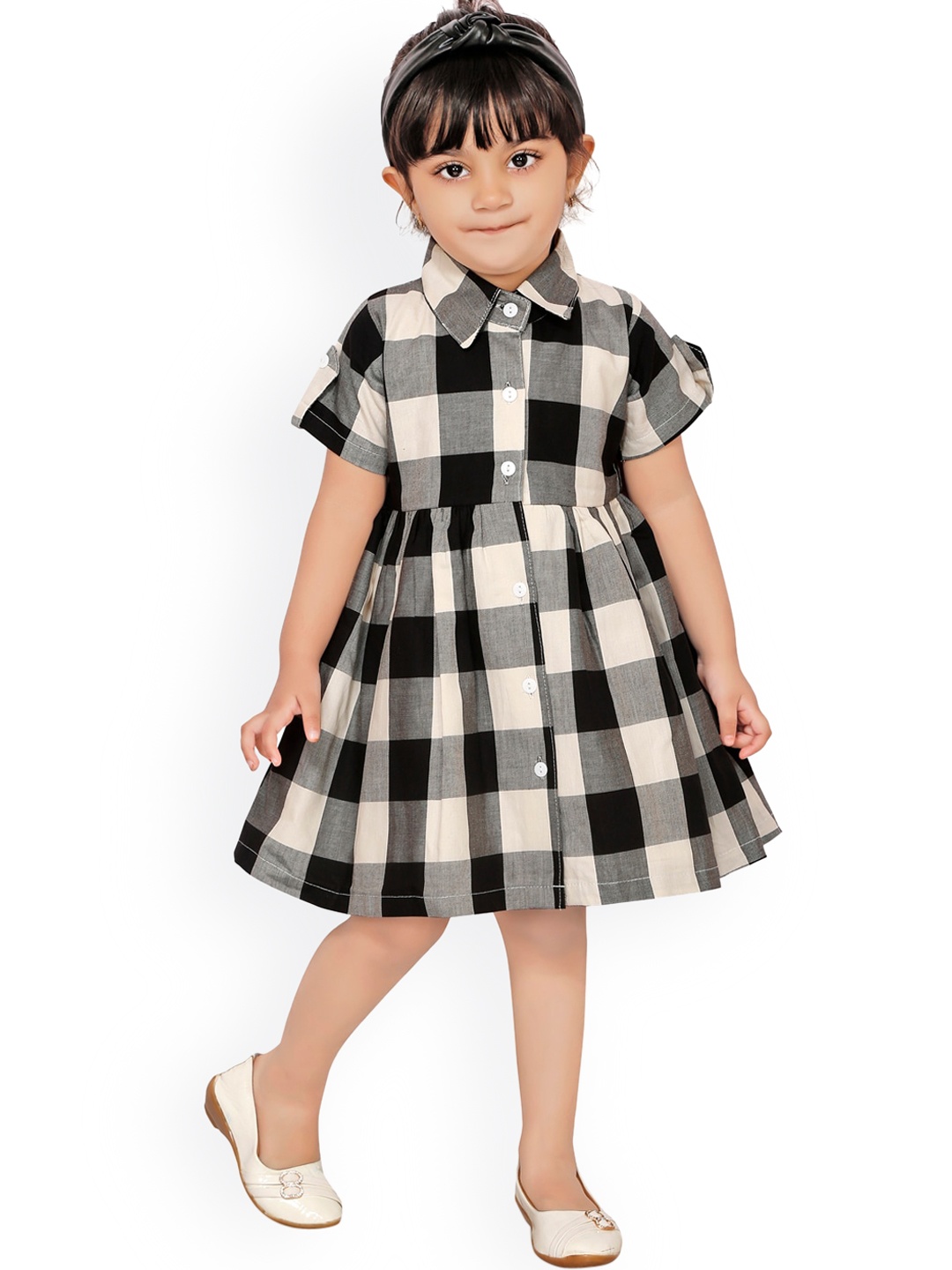 

RIKIDOOS Girls Black & Cream-Coloured Checked Dress