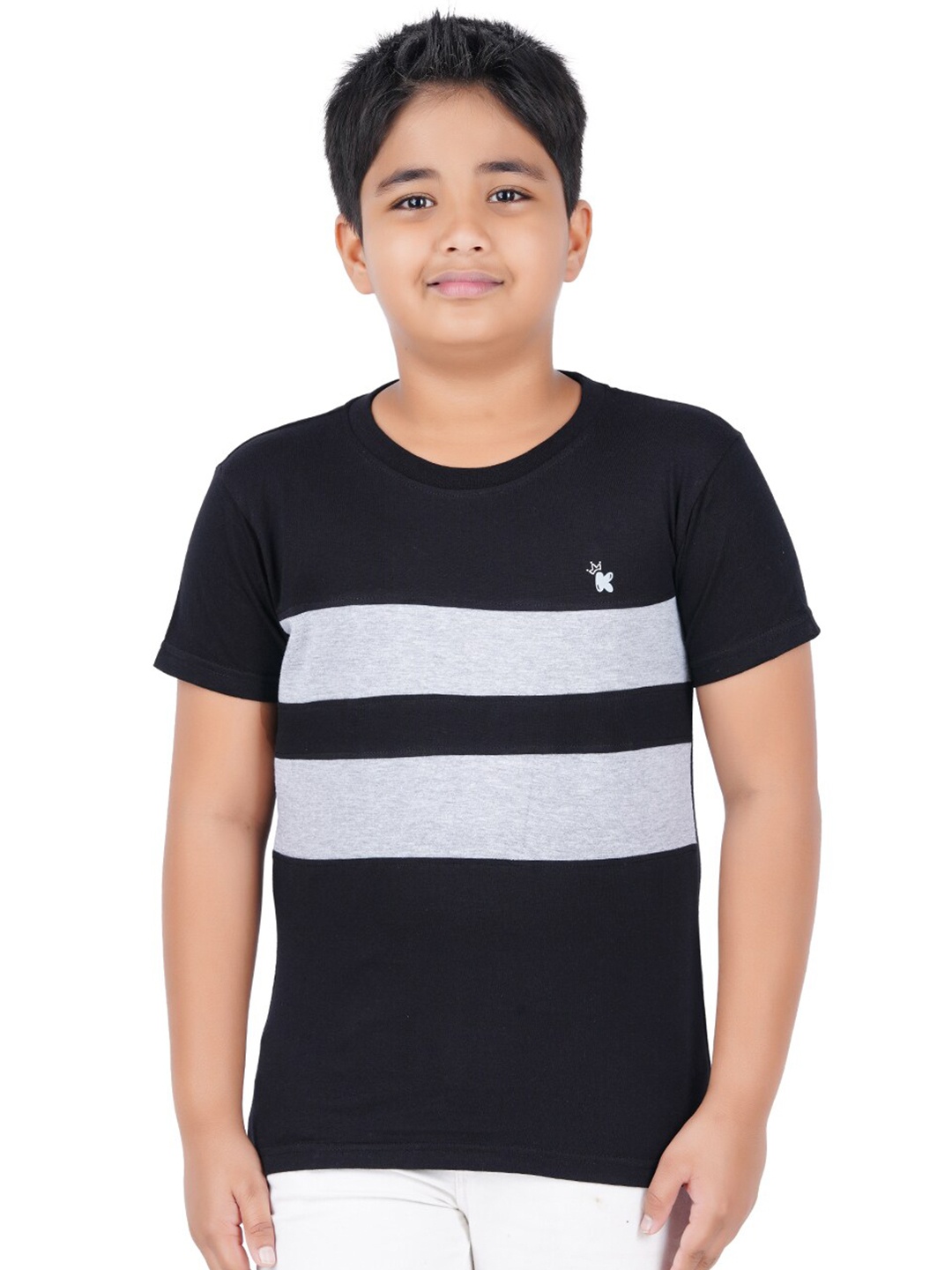 

Kiddeo Boys Grey Melange & White Striped Slim Fit T-shirt