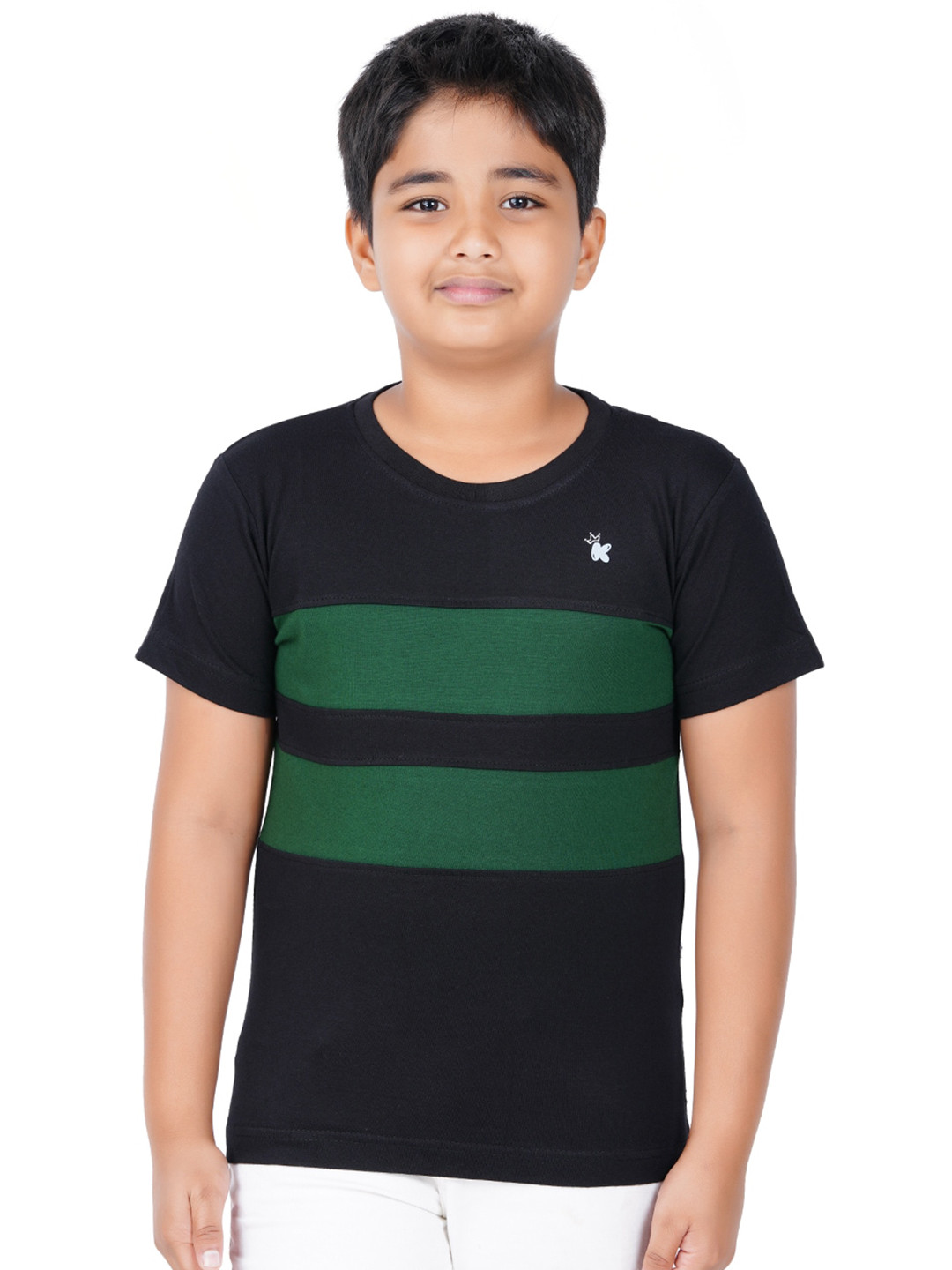 

Kiddeo Boys Black and Green Striped V-Neck Slim Fit T-shirt