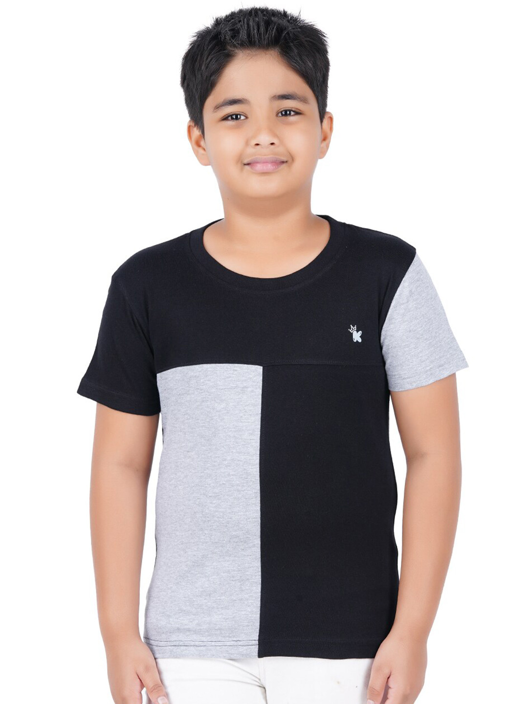 

Kiddeo Boys Grey Melange and Black Colourblocked Slim Fit T-shirt