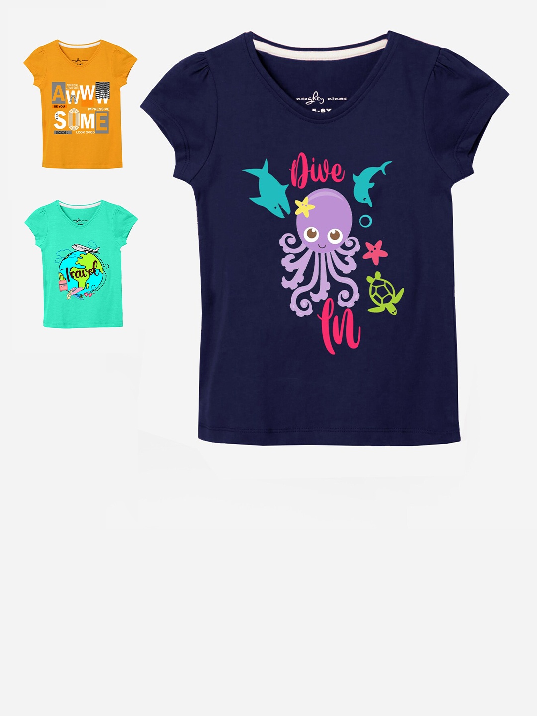 

Naughty Ninos Girls Pack of 3 Printed V-Neck T-shirt, Navy blue
