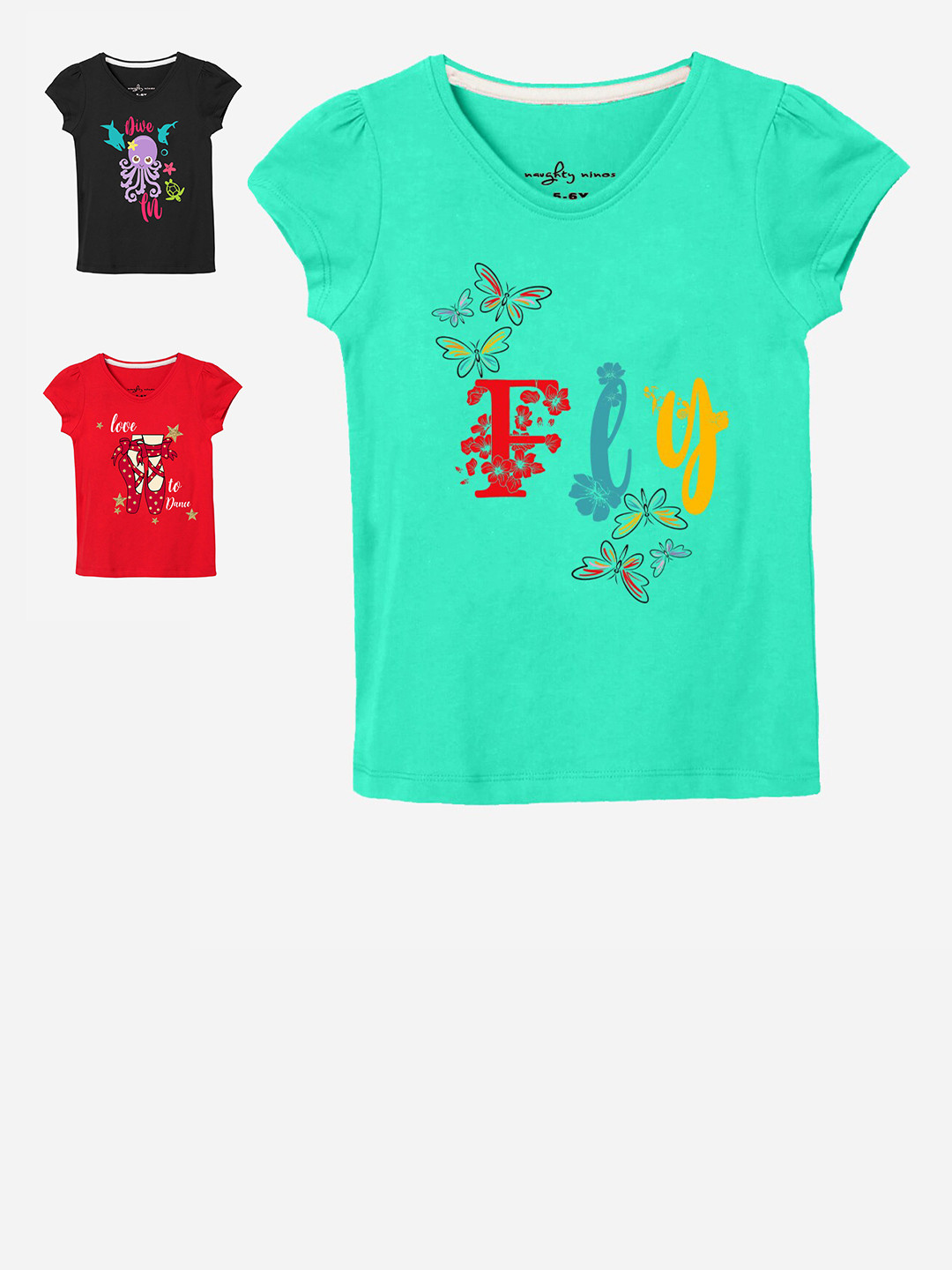 

Naughty Ninos Girls Pack Of 3 Printed T-shirts, Green