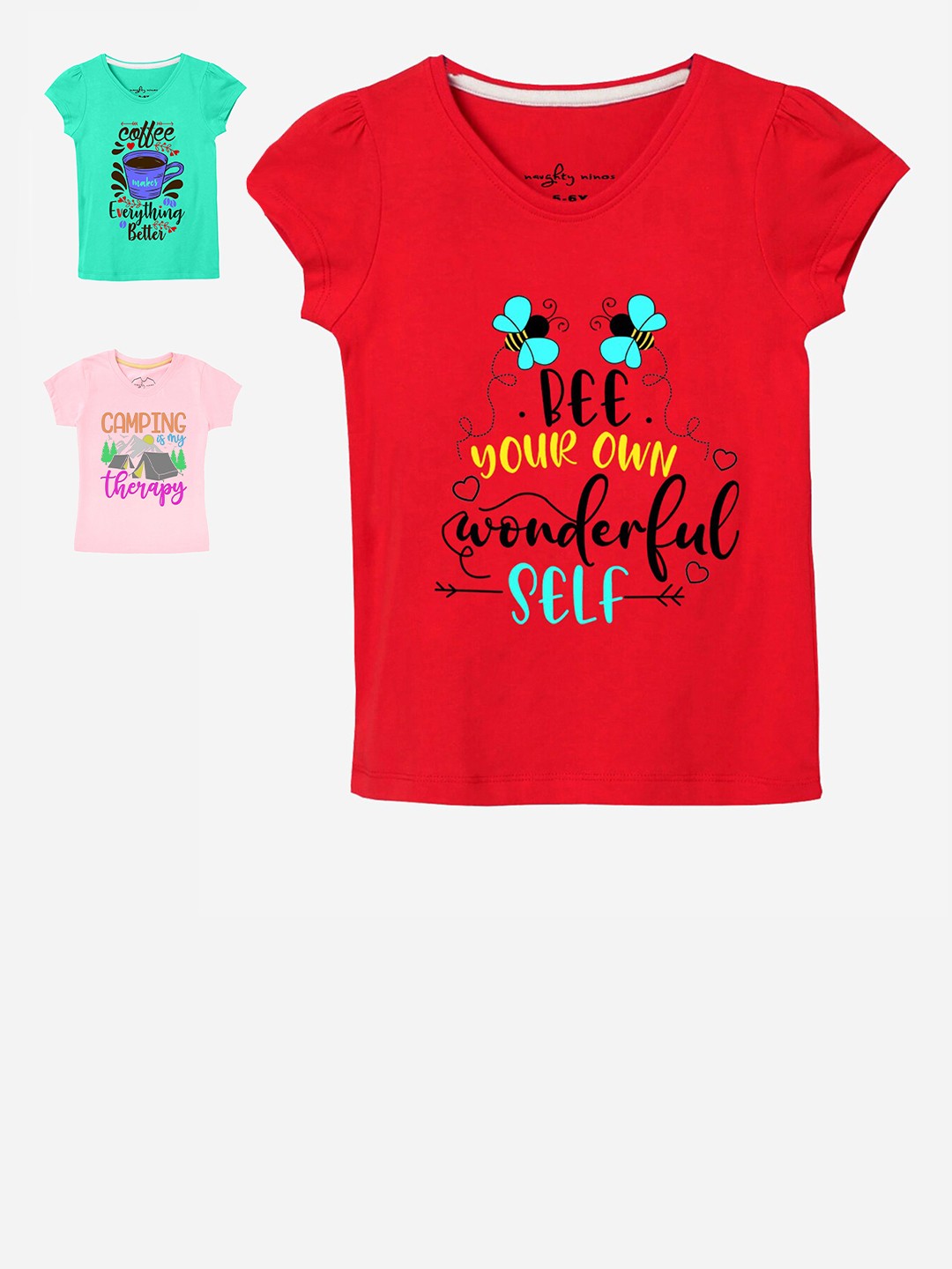 

Naughty Ninos Girls Set-3 Typography Printed T-shirt, Red