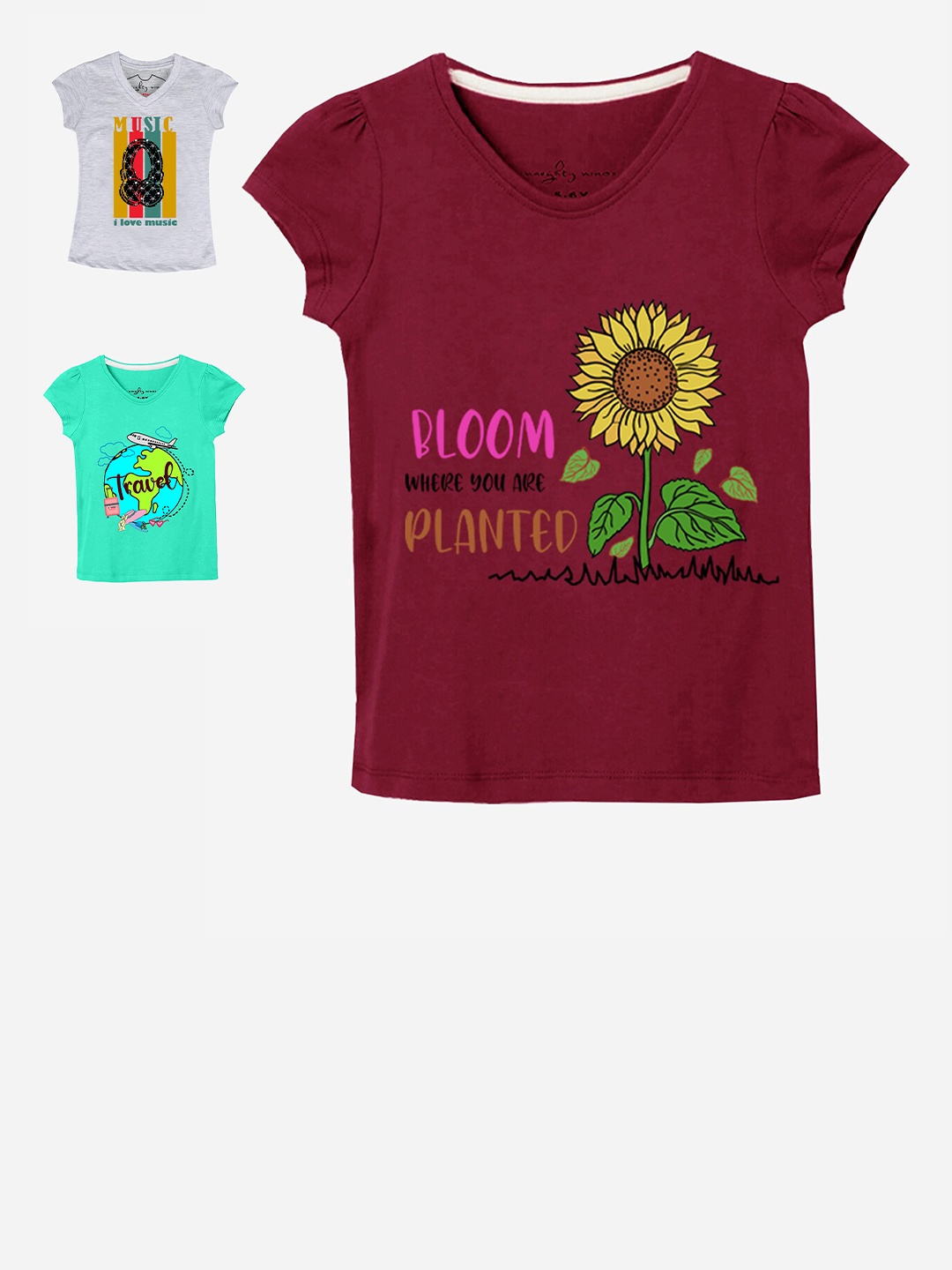 Naughty Ninos Girls Multicoloured Typography 3 Printed Applique T-shirt, Multi