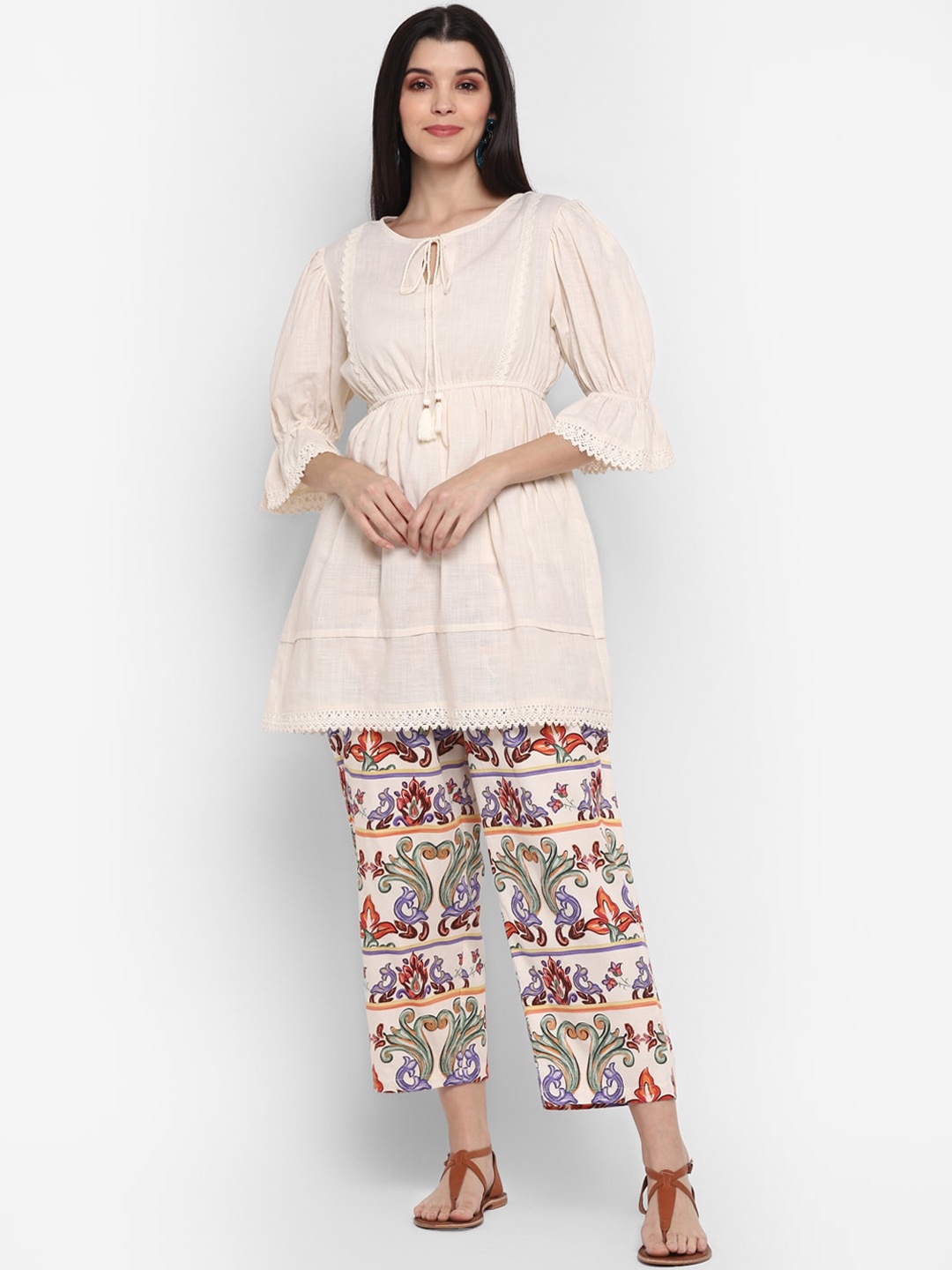 

BLANC9 Women Beige Printed Pleated Pure Cotton Kurti with Trousers
