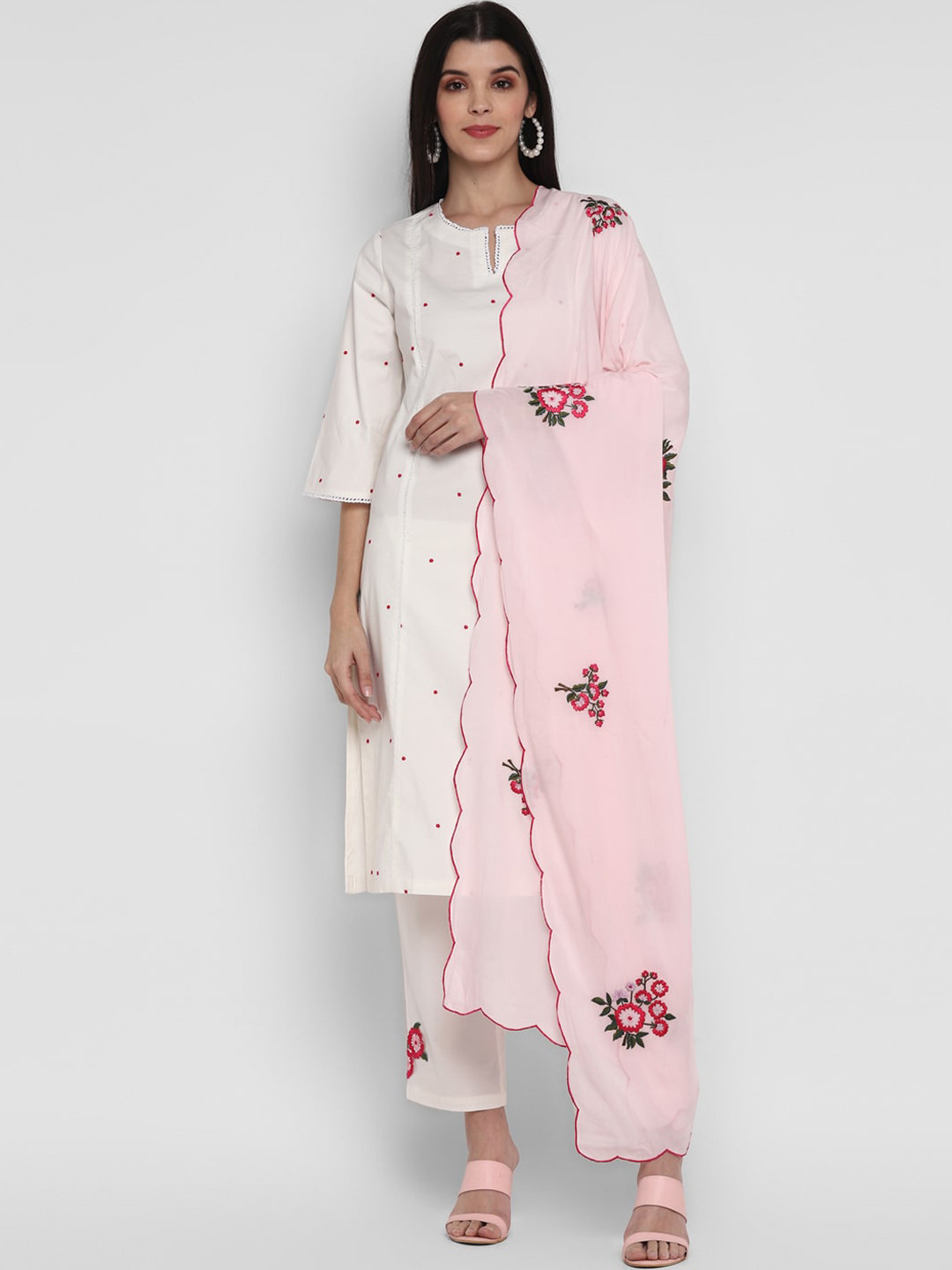 

BLANC9 Women White Embroidered Regular Pure Cotton Kurta with Trousers & With Dupatta