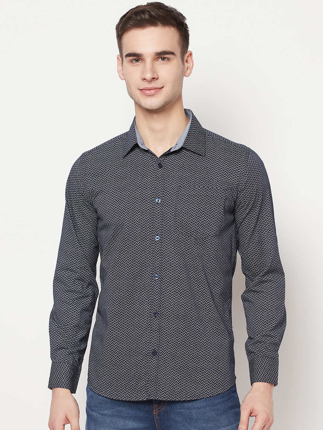 

METTLE Men Blue Opaque Printed Casual Shirt