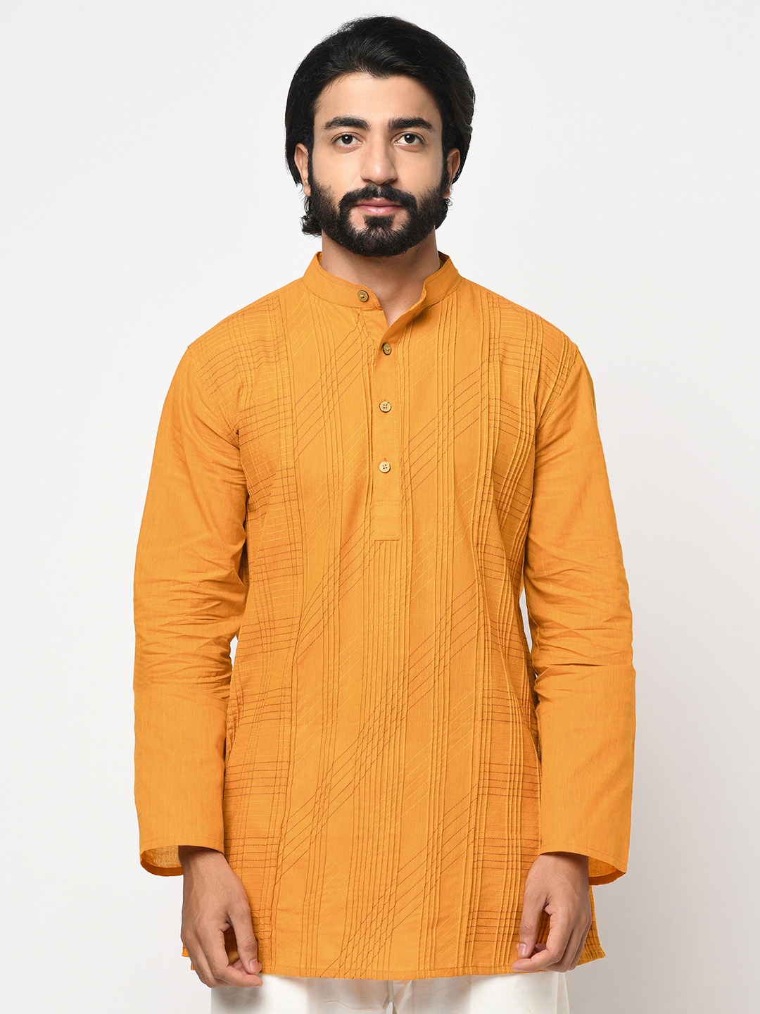 

Fabindia Men Mustard Yellow Striped Thread Work Kurta