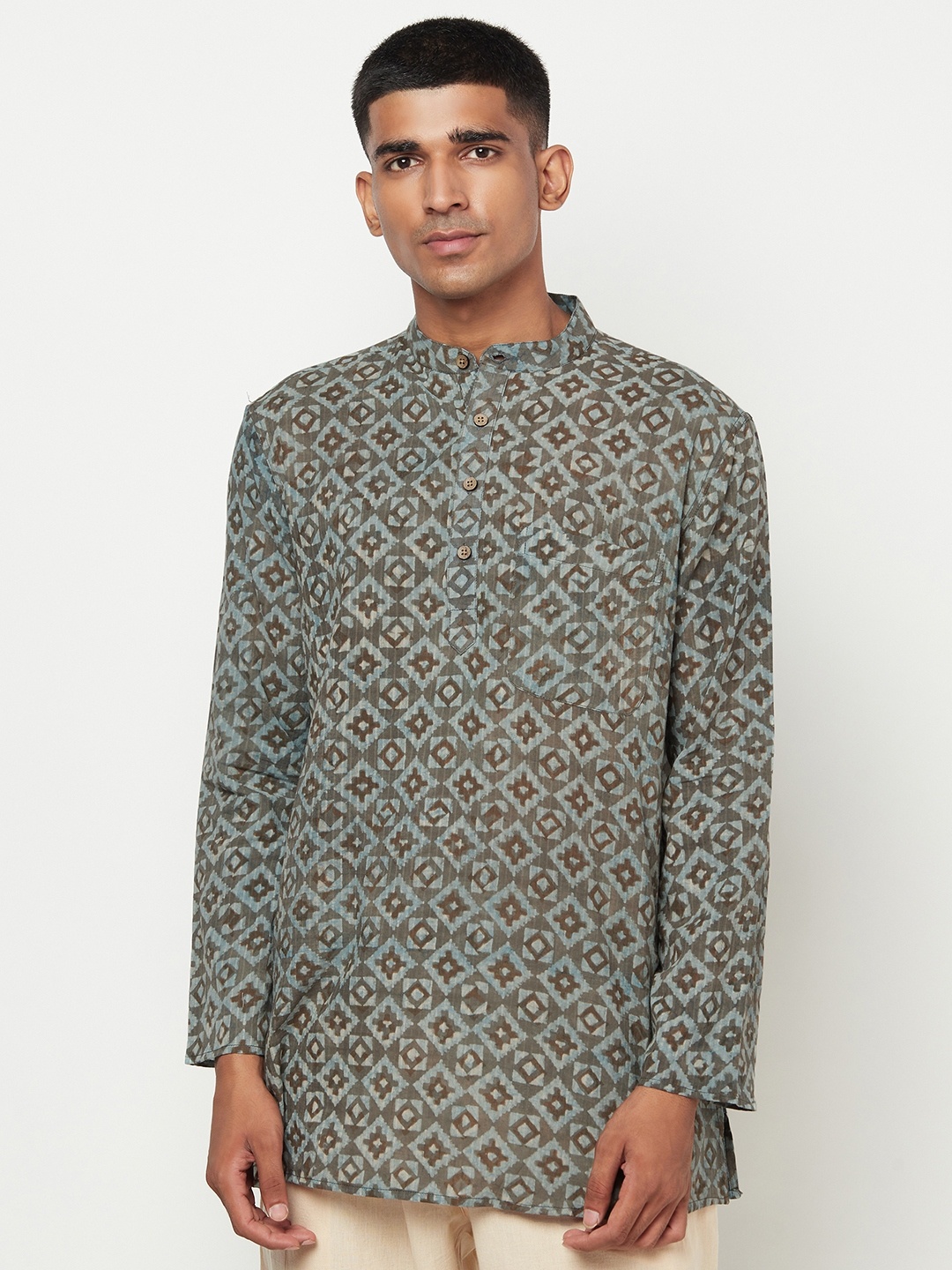 

Fabindia Men Blue & Charcoal Grey Ethnic Motifs Handblock Print Cotton Kurta