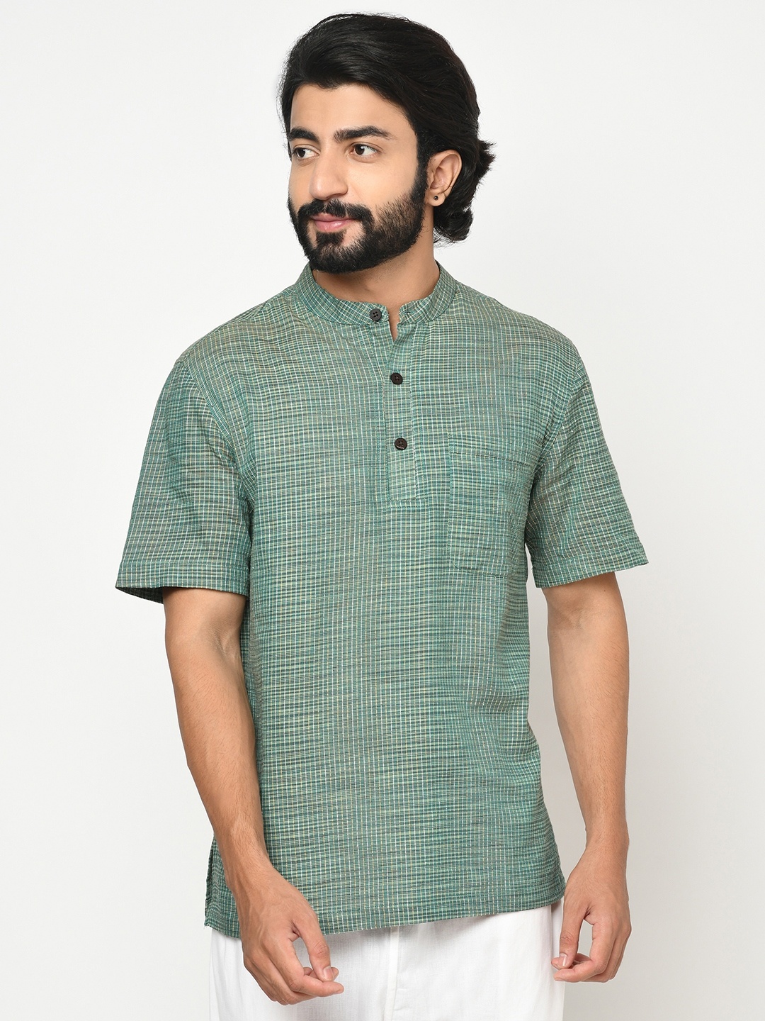 

Fabindia Men Green & Yellow Checked Dobby Cotton Kurta