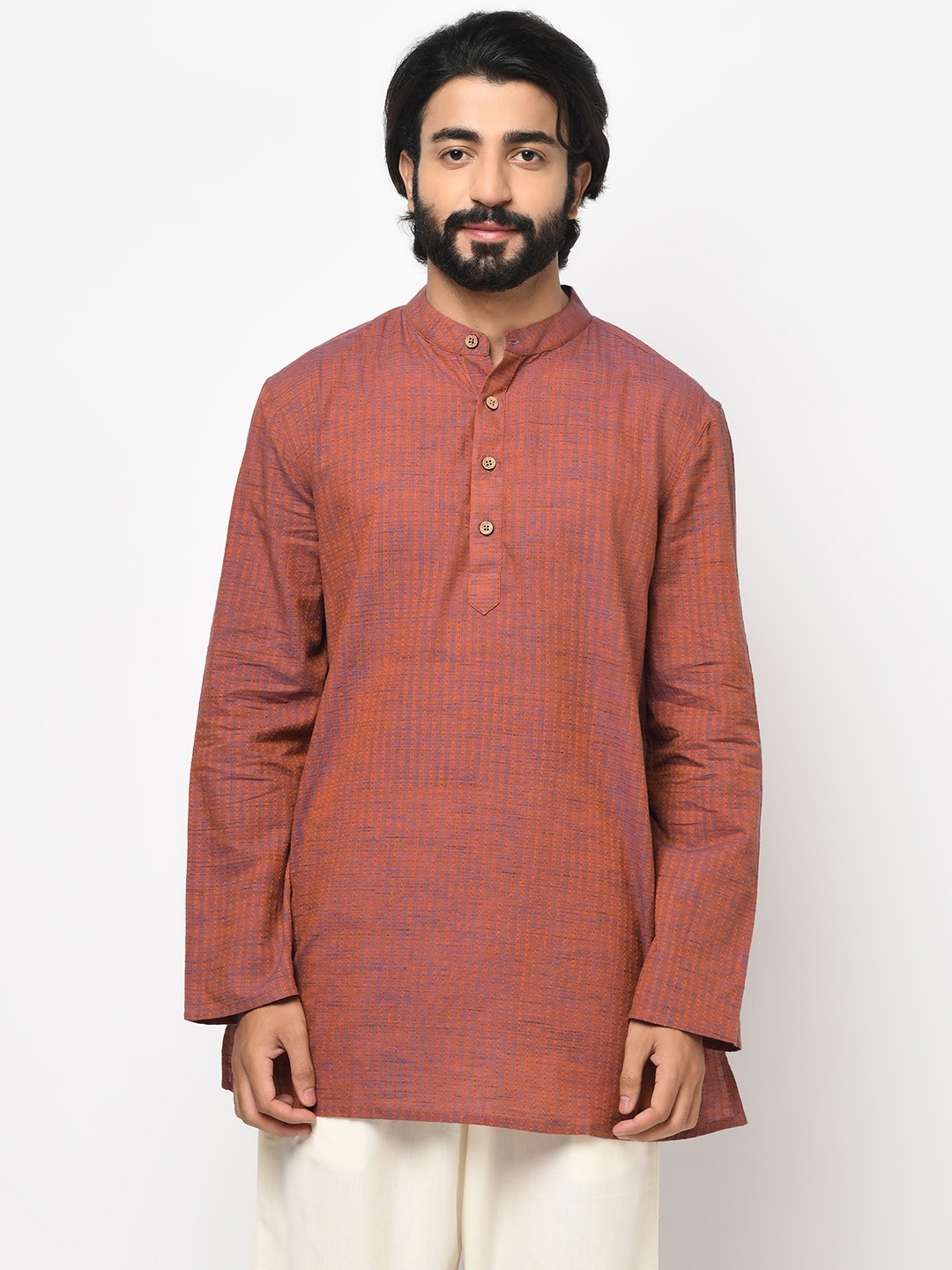 

Fabindia Men Orange & Blue Striped Thread Work Dobby Kurta