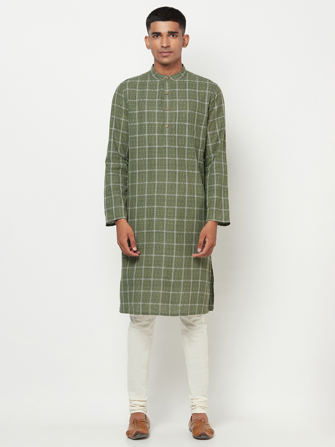 

Fabindia Men Olive Green & White Checked Thread Work Dobby Kurta