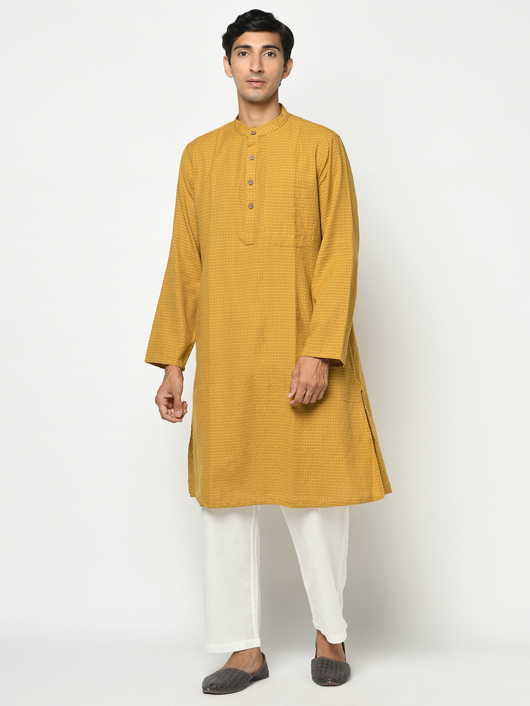 

Fabindia Men Mustard Yellow Pure Cotton Woven-Design Straight Kurta