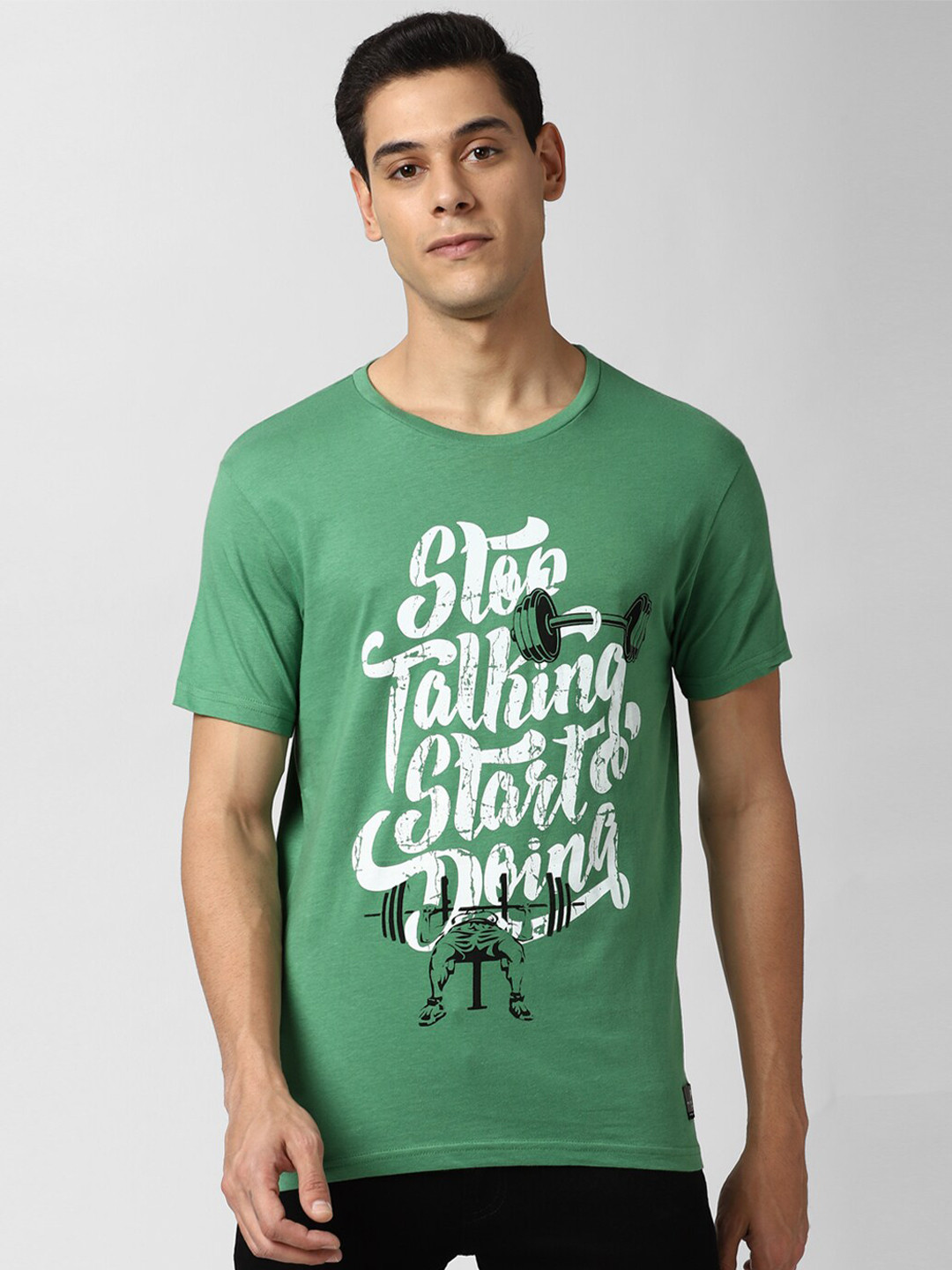 

Peter England Casuals Men Green White Typography Printed Slim Fit Pure Cotton T-shirt