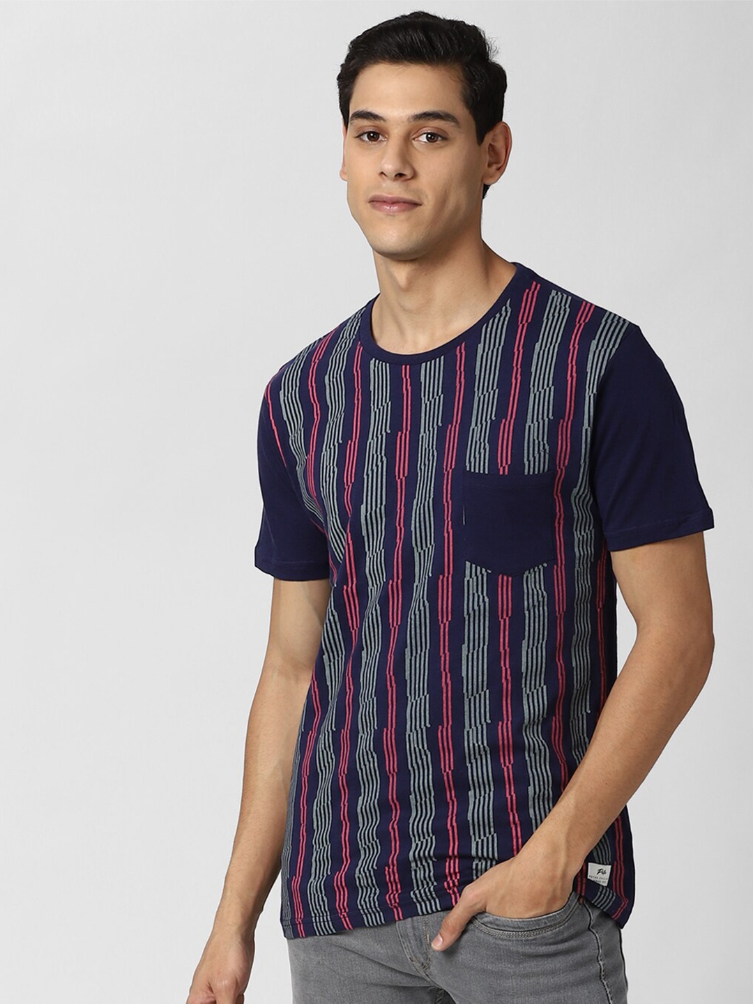 

Peter England Casuals Men Navy Blue Red Striped Slim Fit Pure Cotton T-shirt