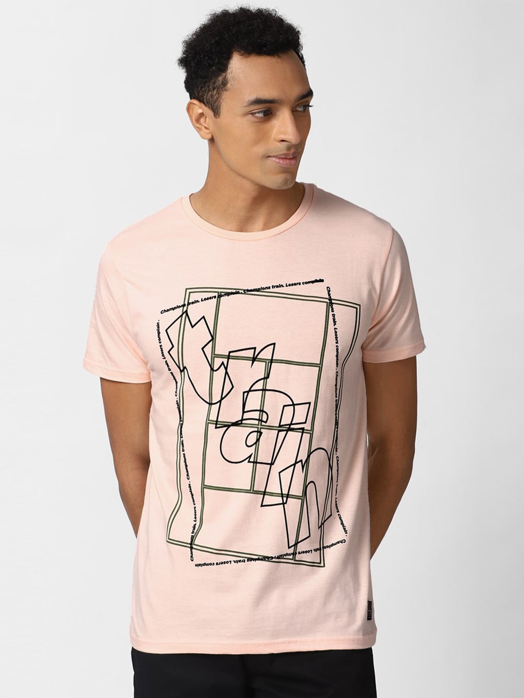 

Peter England Casuals Men Beige Black Printed Slim Fit Pure Cotton T-shirt