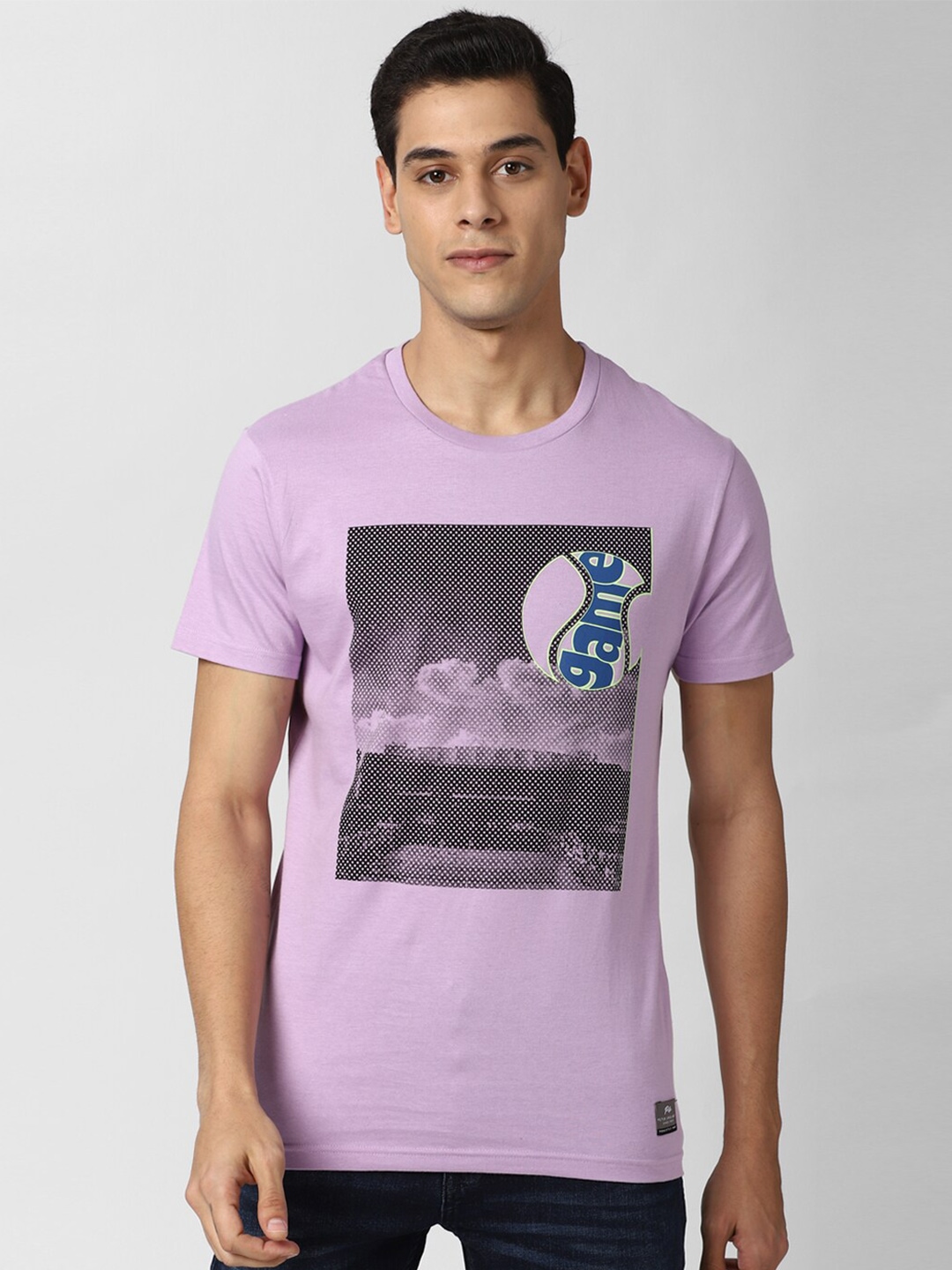

Peter England Casuals Men Purple Black Printed Slim Fit Pure Cotton T-shirt