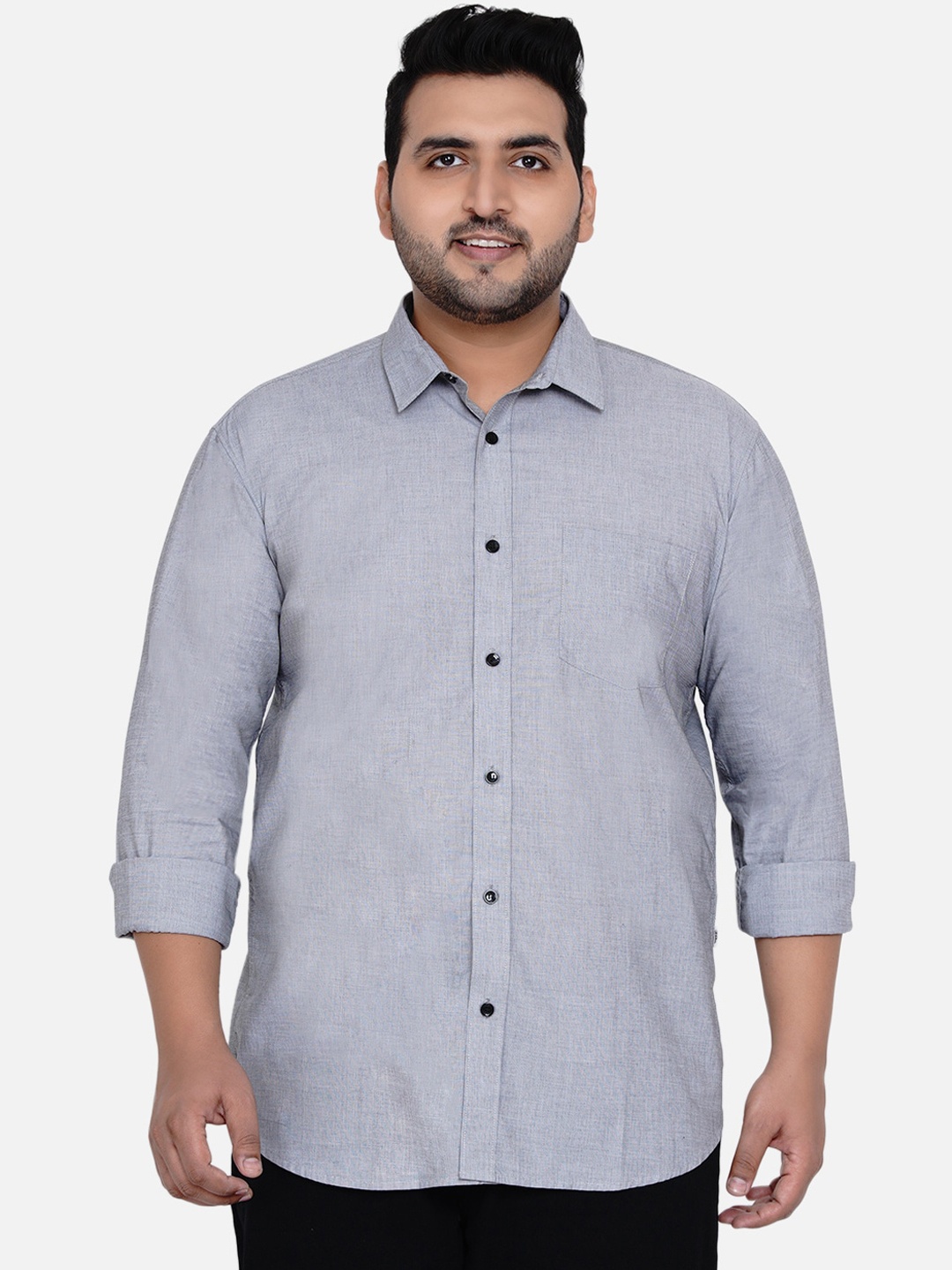 

John Pride Men Grey Melange Opaque Plus Size Casual Shirt